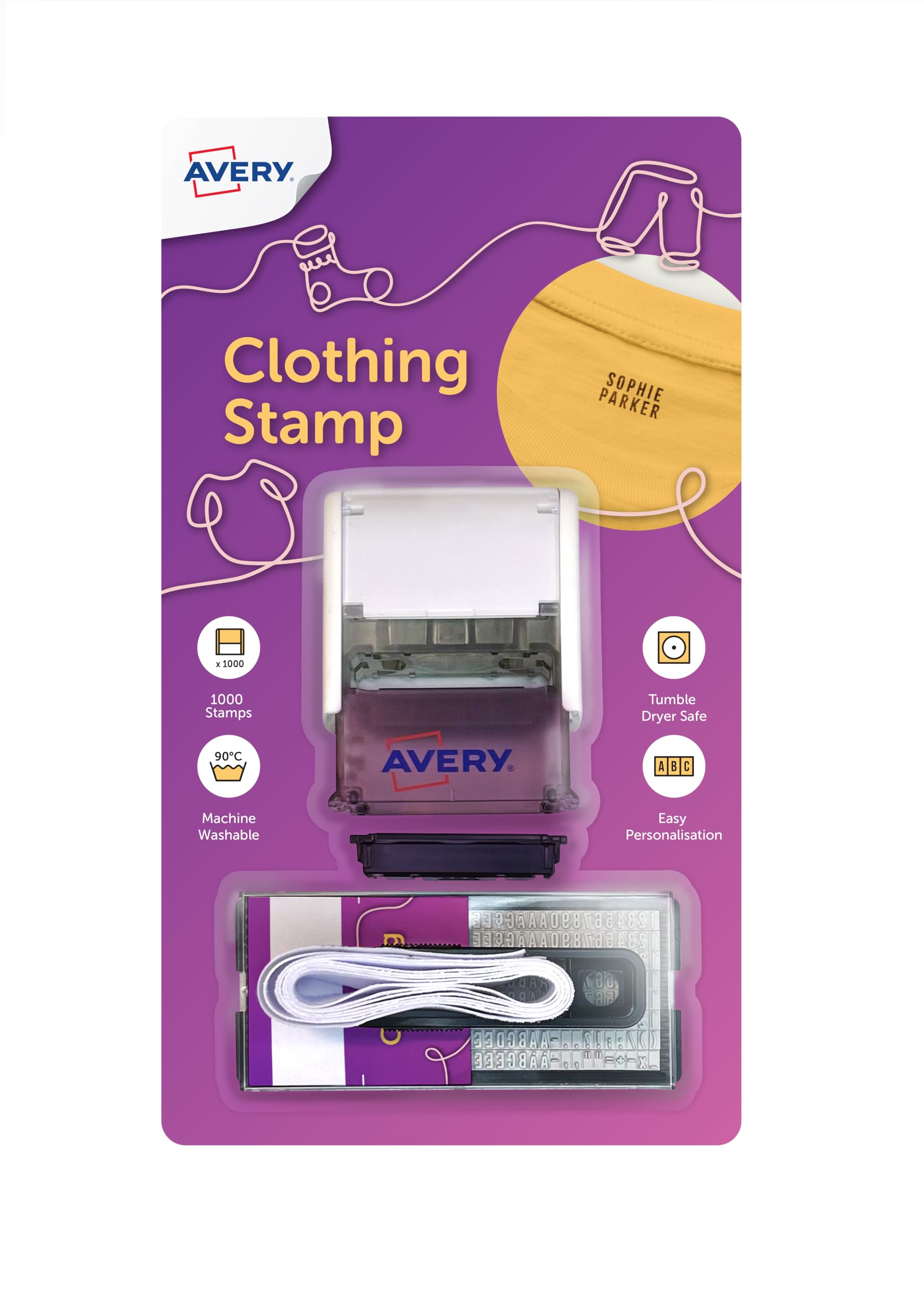 AVERY Clothing Name Stamp - Customisable for Kids & School | 1,000+ Impressions | Wash/Dry Safe