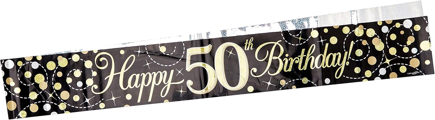 9ft Sparkling Fizz 50th Birthday Banner - Black & Gold Holographic 1