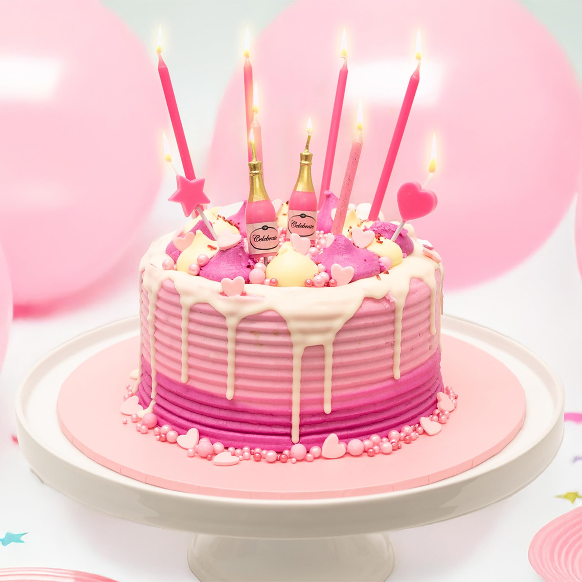 Culpitt Pink Fizz Cake Candles - 10 Piece Mixed Set with Glitter, Champagne Bottle, Heart & Star Shapes 2