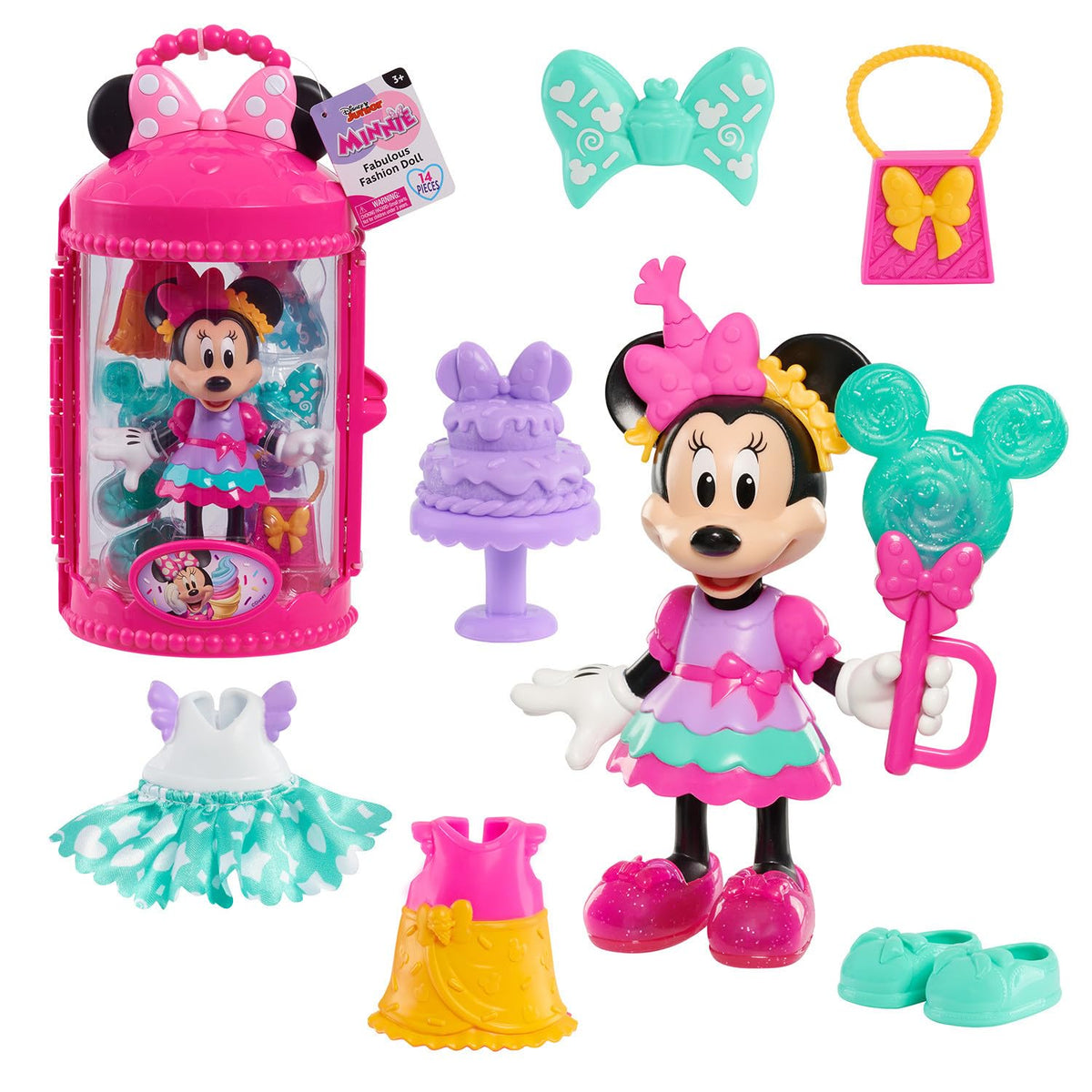 Just Play Minnie Mouse Fabulous Fashion Doll, Sweet Party - 6-Inch, 14 Pieces, Age 3+