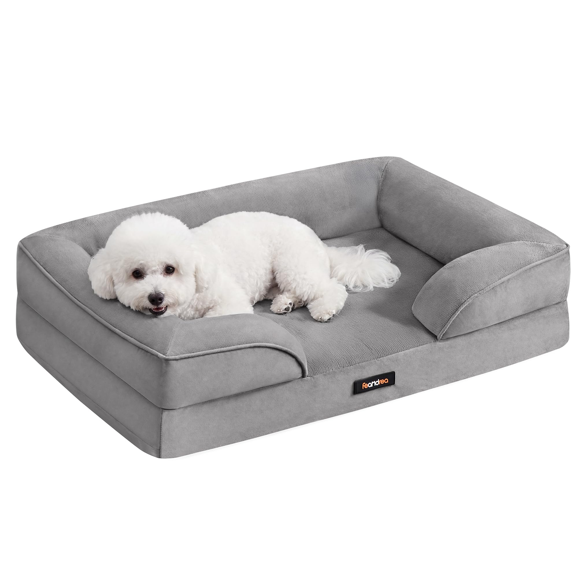 Feandrea Orthopaedic Dog Sofa Bed - Egg Crate Foam Support | Raised Sides | Water-Resistant | Dove Grey | 76 x 51 x 16 cm