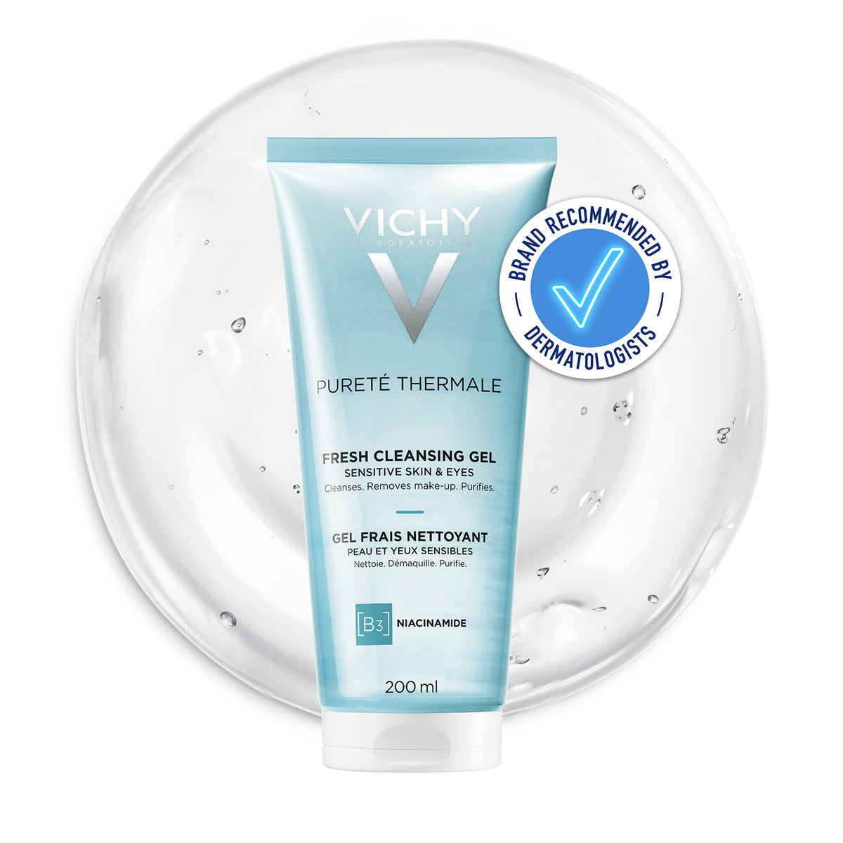 VICHY Pureté Thermale Fresh Cleansing Gel - Deep Purifying, Niacinamide Enriched, Gentle for Sensitive Eyes | 200 ml