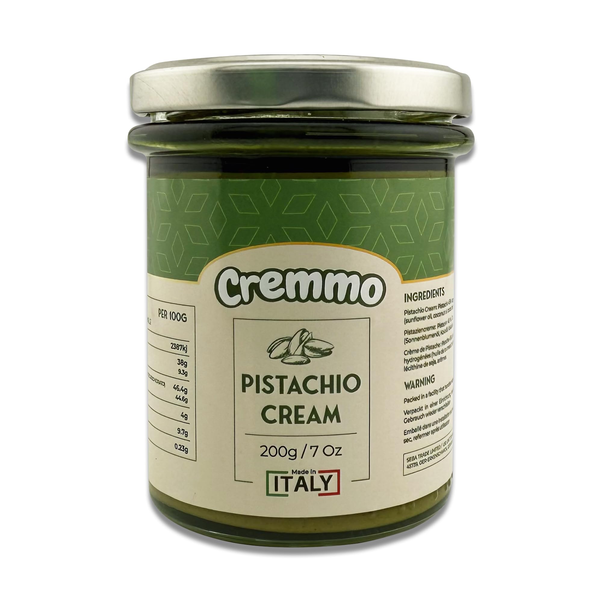 Cremmo Pistachio Cream Spread 200g Glass Jar - 45% Pistachio Content, Smooth & Fluid Italian Spread 1