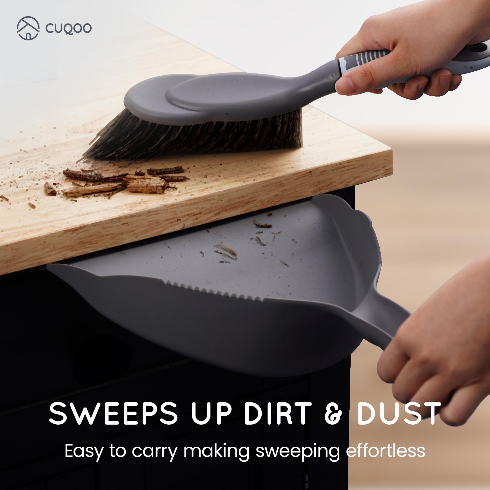 CUQOO Plastic Dustpan and Brush Set - Durable Lightweight Design | Corrugated Edge | Grey 2