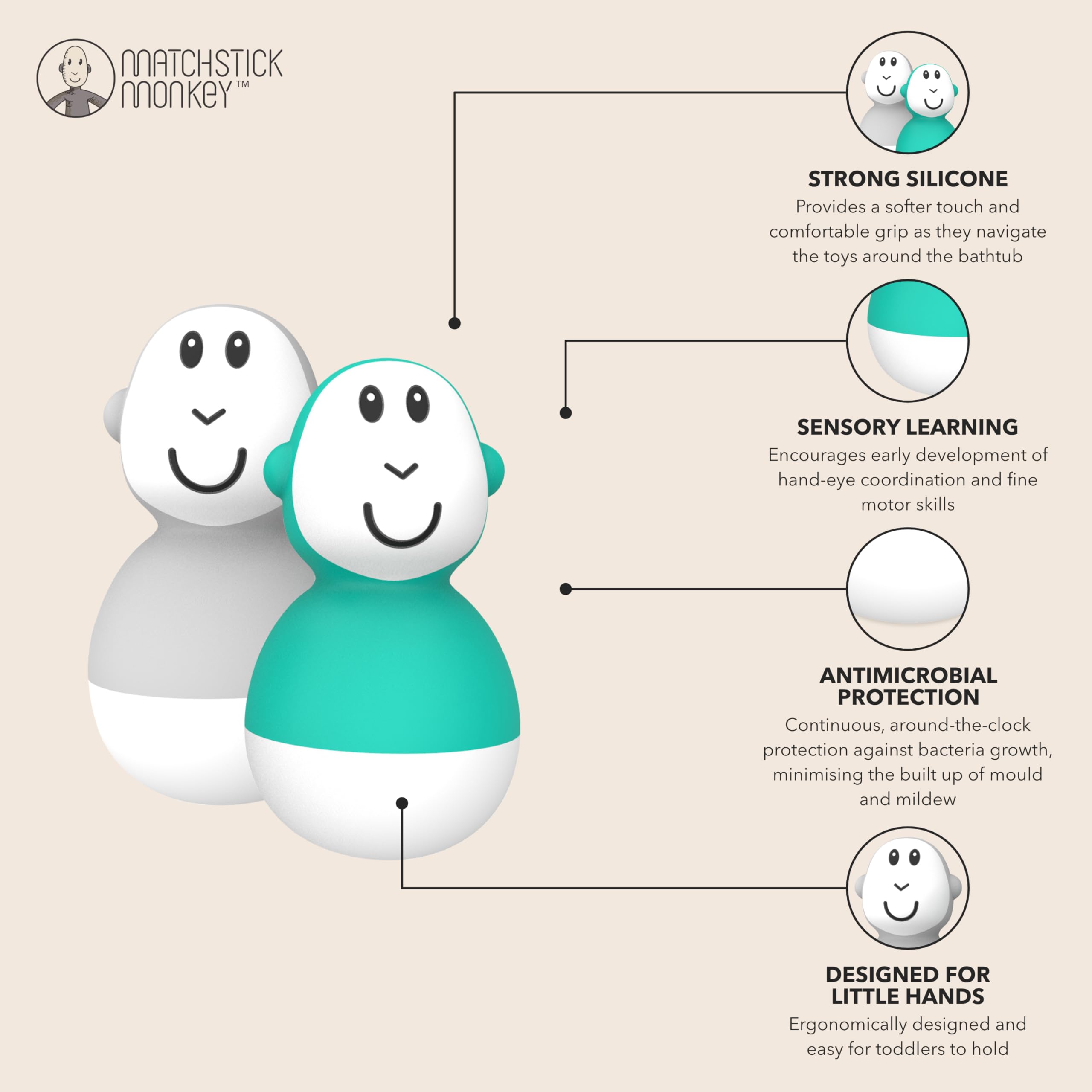 Matchstick Monkey Bathtime Wobblers - Antimicrobial Baby Bath Toy Set for 12+ Months 5