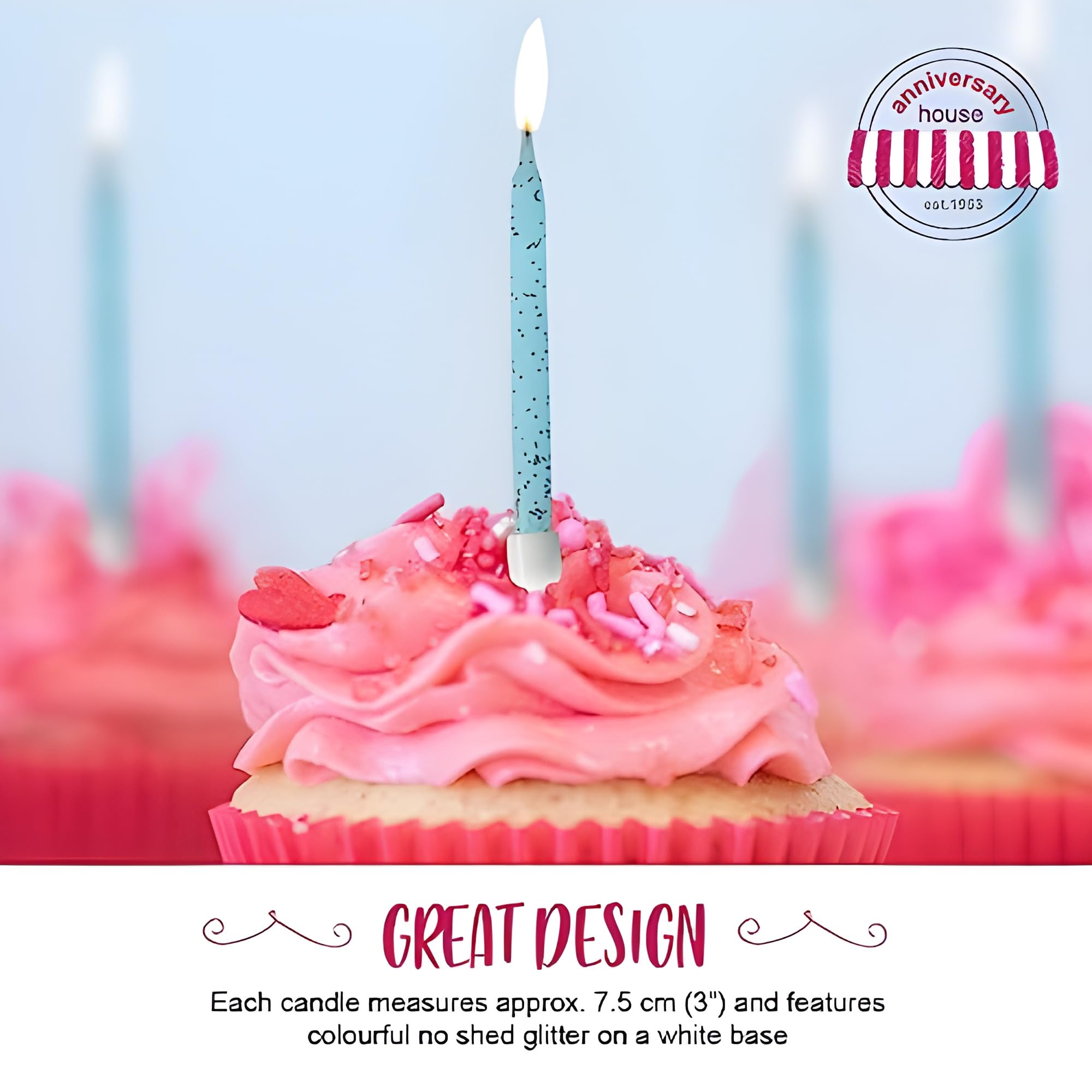 Anniversary House Pale Blue Glitter Birthday Candles Set of 12 with Holders | Unscented Wax | 7.5 cm 7