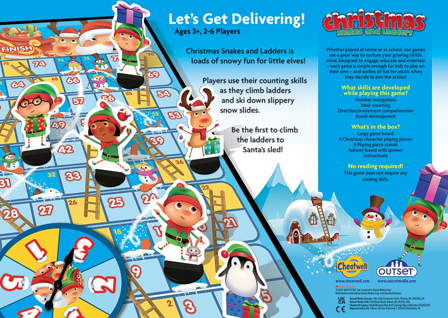 Outset Media Christmas Snakes and Ladders Board Game | No Reading Required | Ages 3+ | 2-6 Players
