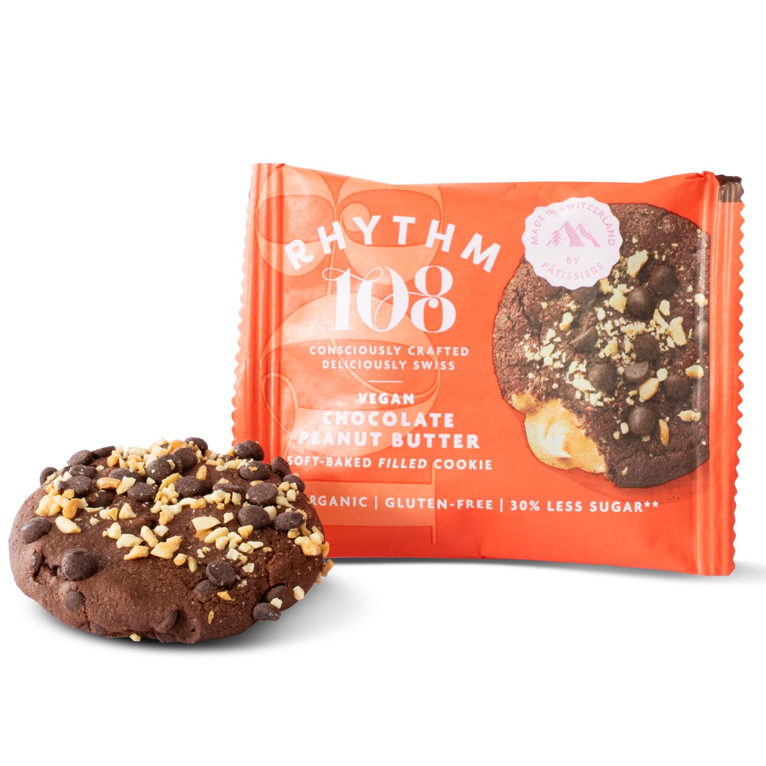 Rhythm 108 Swiss Organic Vegan Chocolate Peanut Butter Soft-Baked Filled Cookies | 50g Pack of 12 1