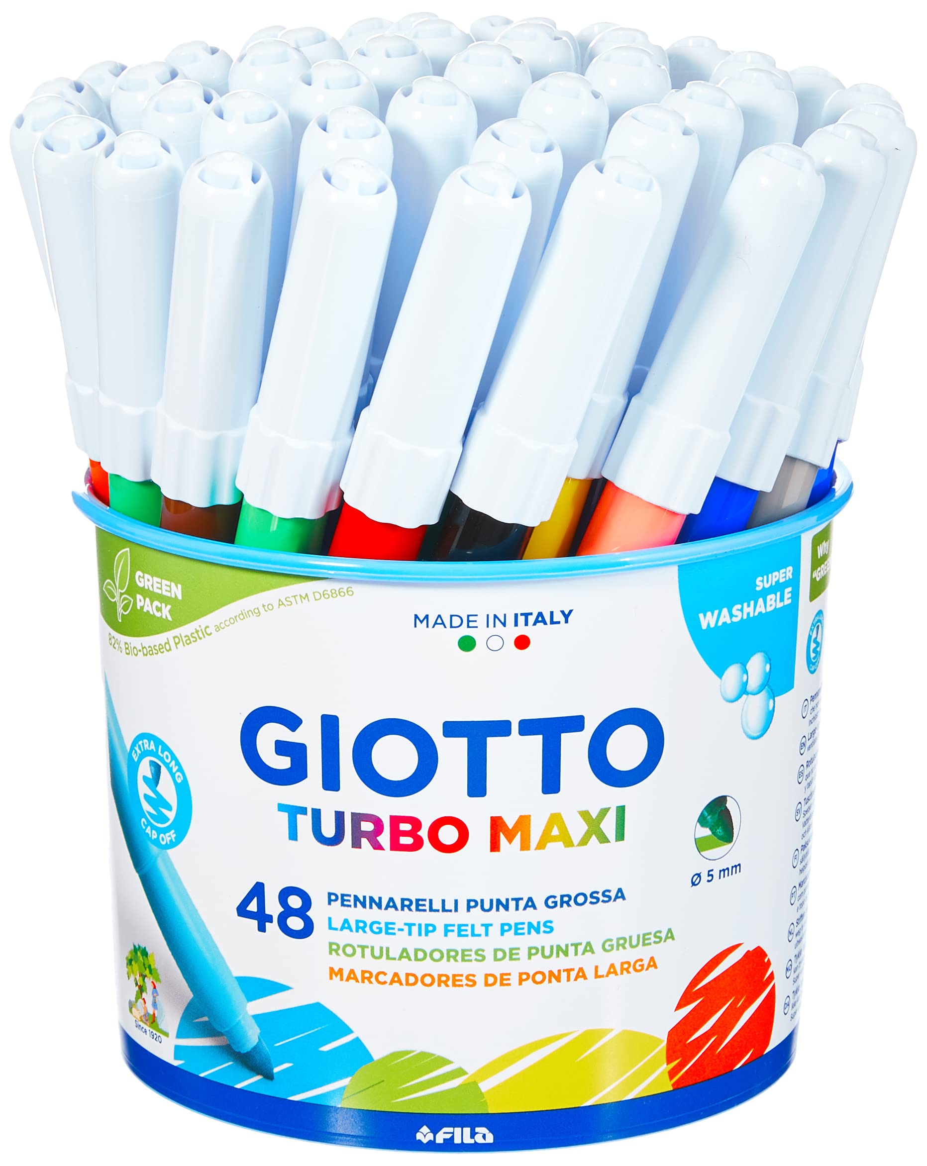 GIOTTO Turbo Maxi 5214 00 Felt-Tip Pens - 48 Count Pack | Superwashable Ink | Broad Tip