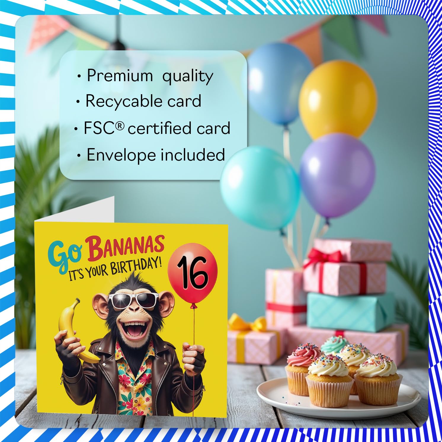 Stuff4 16th Birthday Card for Girls & Boys - Monkey Go Bananas Design | 145mm Square 3