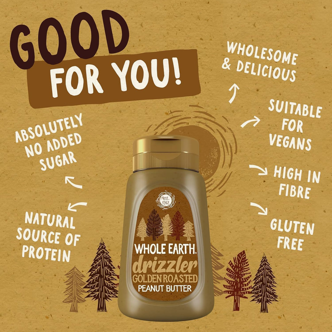 Whole Earth Drizzler Golden Roasted Super Smooth Peanut Butter - 6 x 320g Squeezy Bottles