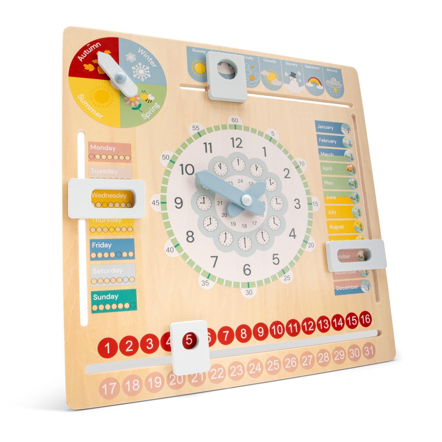 New Classic Toys Wooden Calendar Clock for Teaching Time, Seasons, and Weather 3