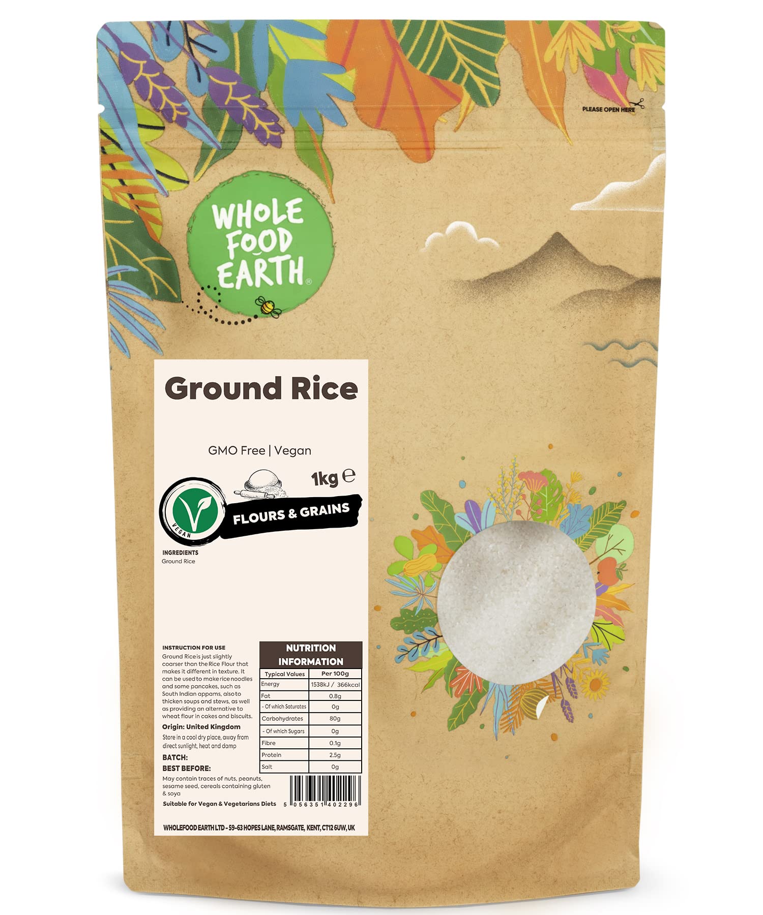 Wholefood Earth Ground Rice - 1 kg Bag | GMO Free | Vegan Alternative to Semolina