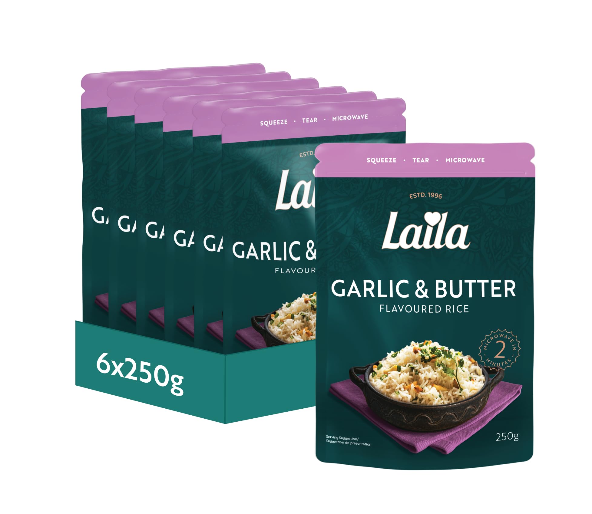 Laila Garlic & Butter Microwave Rice - 6 x 250g Packs | Ready in 2 Minutes