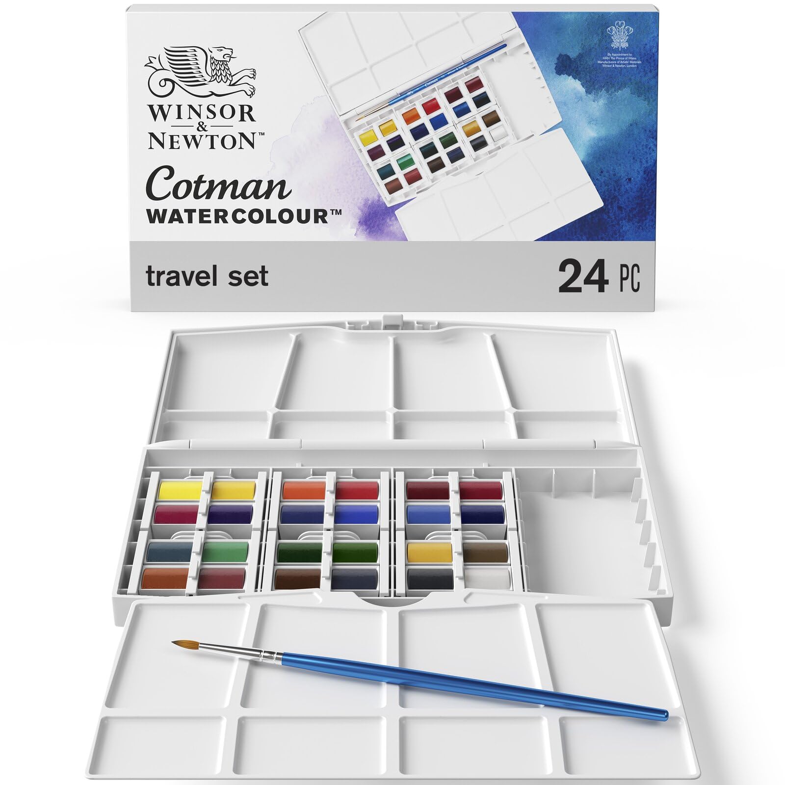 Winsor & Newton Cotman Watercolour Travel Set - 24 Half Pans + Brush | High Lightfastness