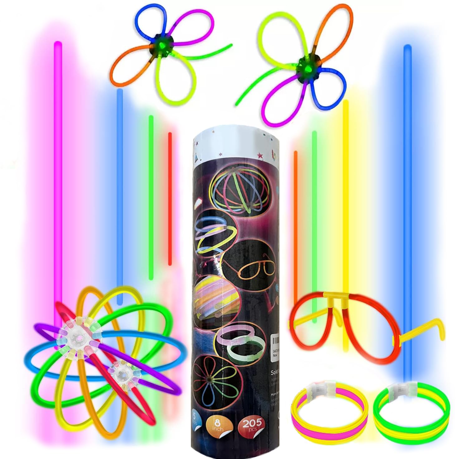 SHATCHI 100 Glow Sticks - 204 Connectors | Multi-Colour | Ages 5+