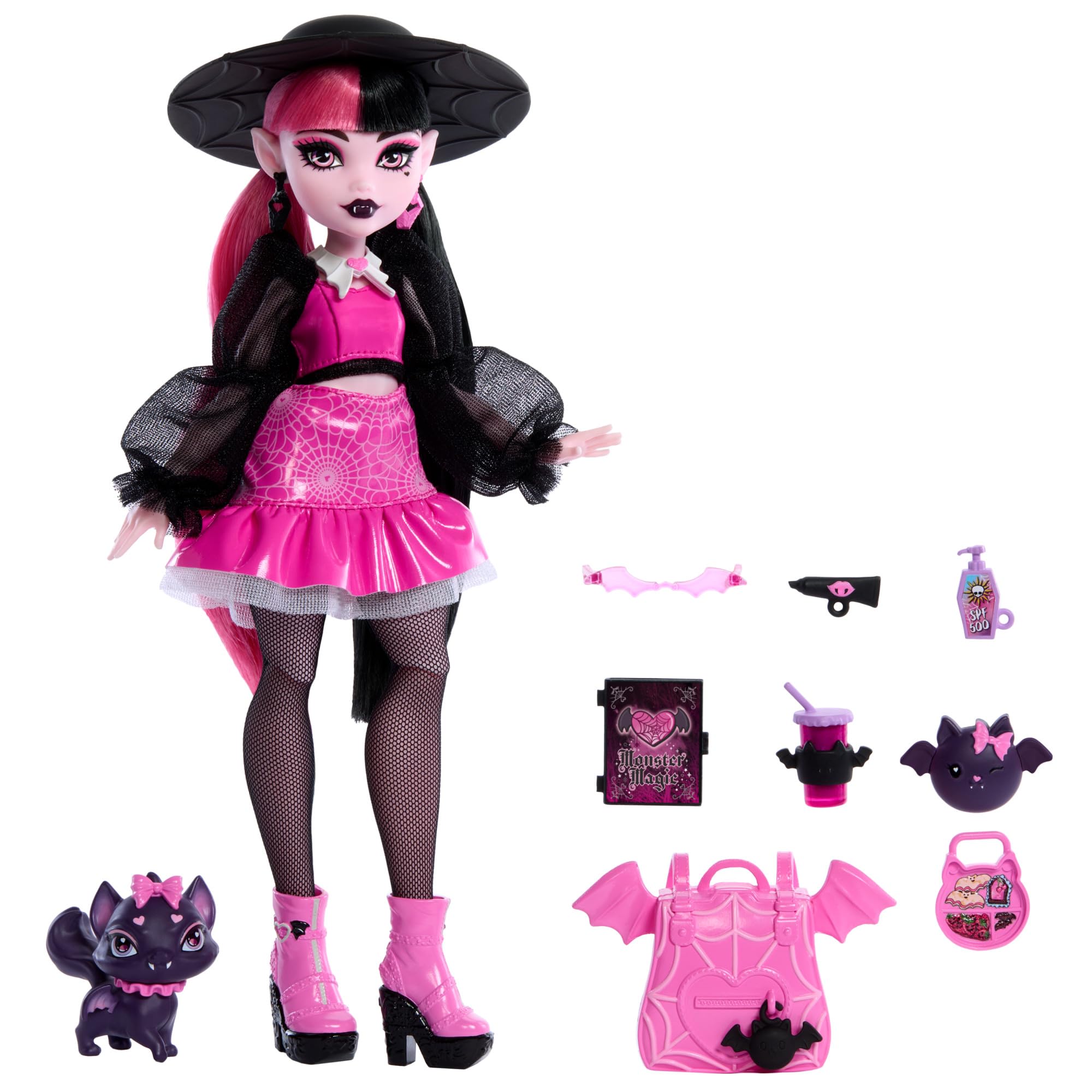 Monster High Draculaura Doll - 15 cm, Ages 4+, Pink and Black Outfit with Pet Bat-Cat 5