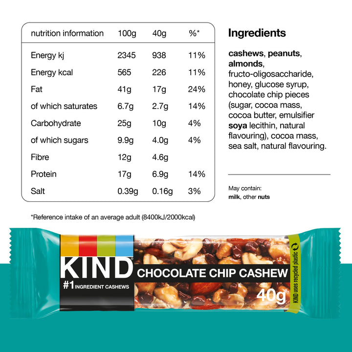 KIND Bars Chocolate Chip Cashew High Fibre Gluten Free Snack Bars No Artificial Ingredients 12 x 40g