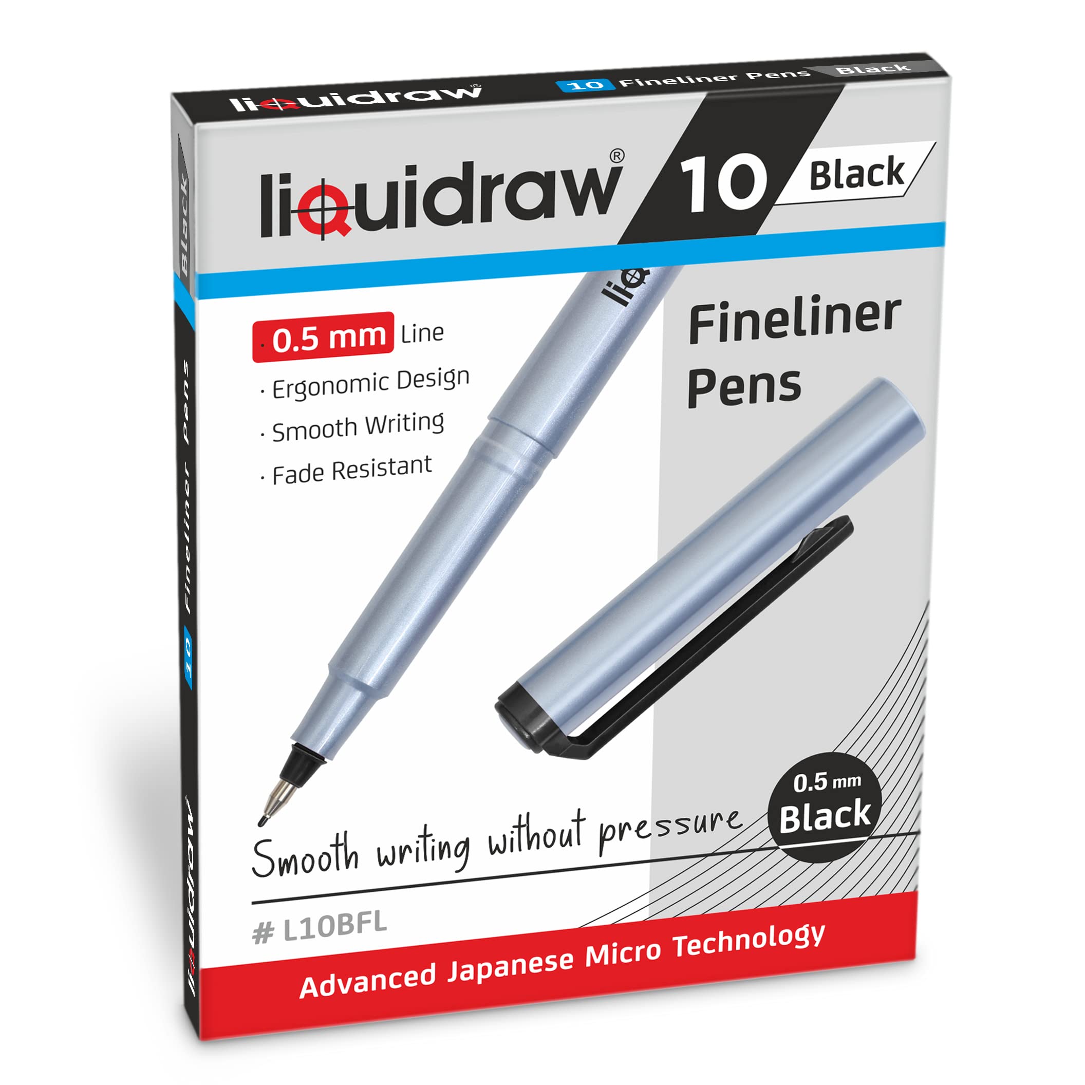 Liquidraw Fineliner Pens Set - 10 Pack Black Ink | 0.5mm Fine Point | Fade Resistant
