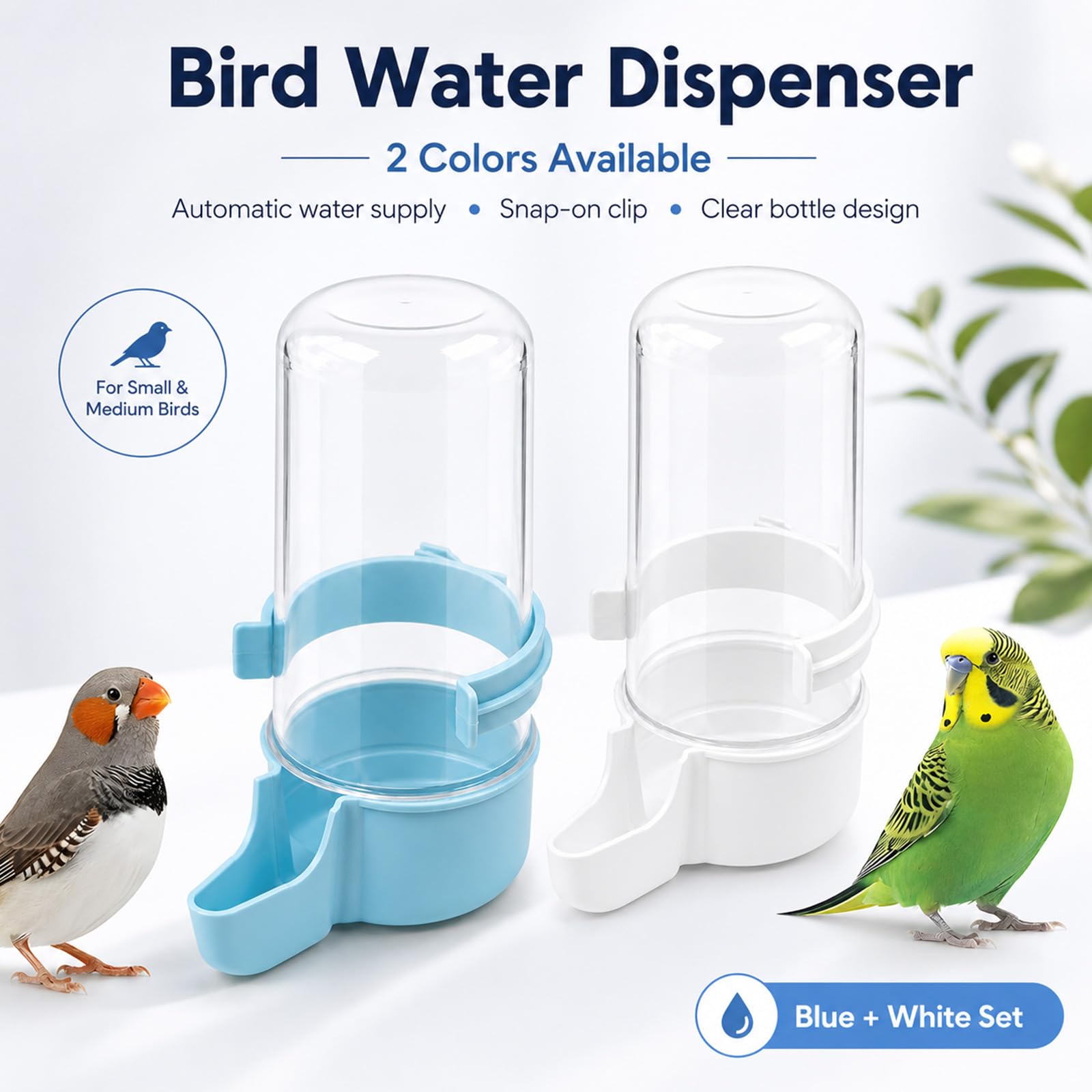 Muexoee Automatic Bird Water Dispenser - 2 Pack Cage-Mounted Gravity Feeder | White & Blue