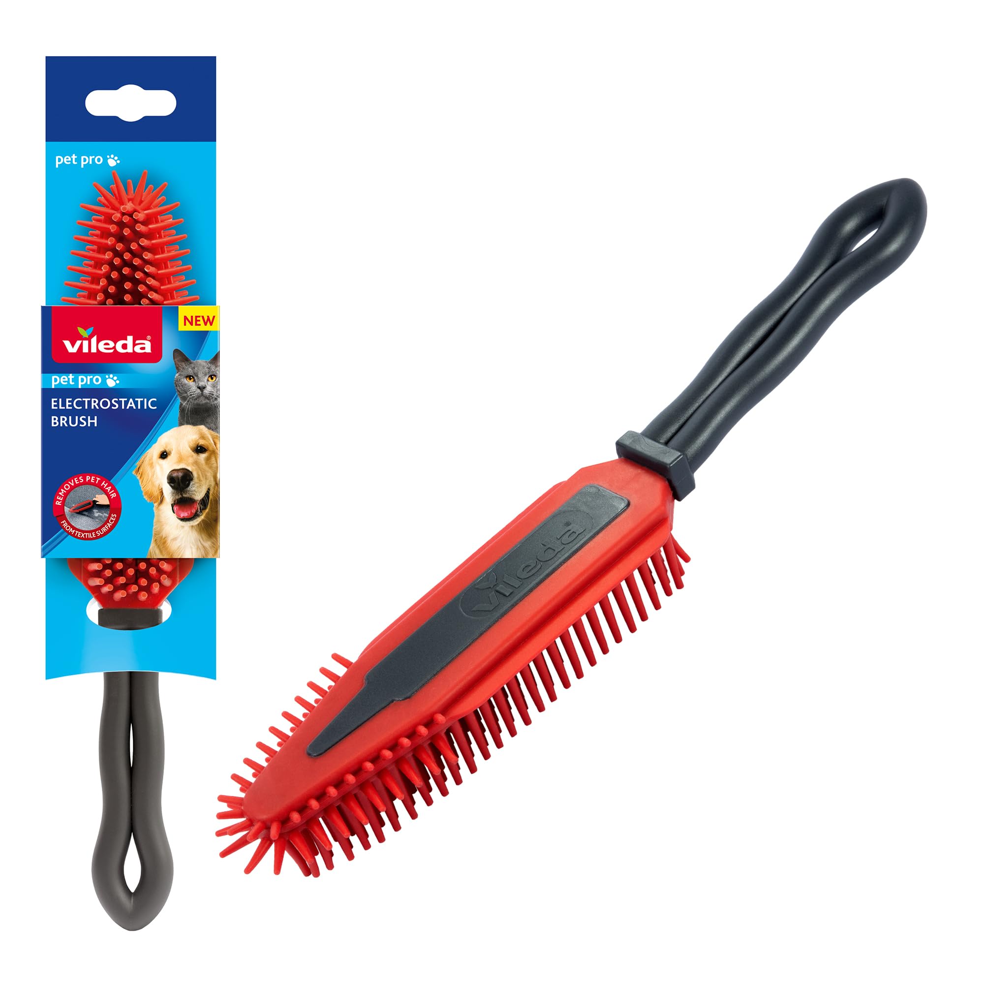 Vileda Pet Pro Electrostatic Brush - Silicone, Red/Grey, Ideal for Pet Hair Removal from Carpets & Upholstery 1