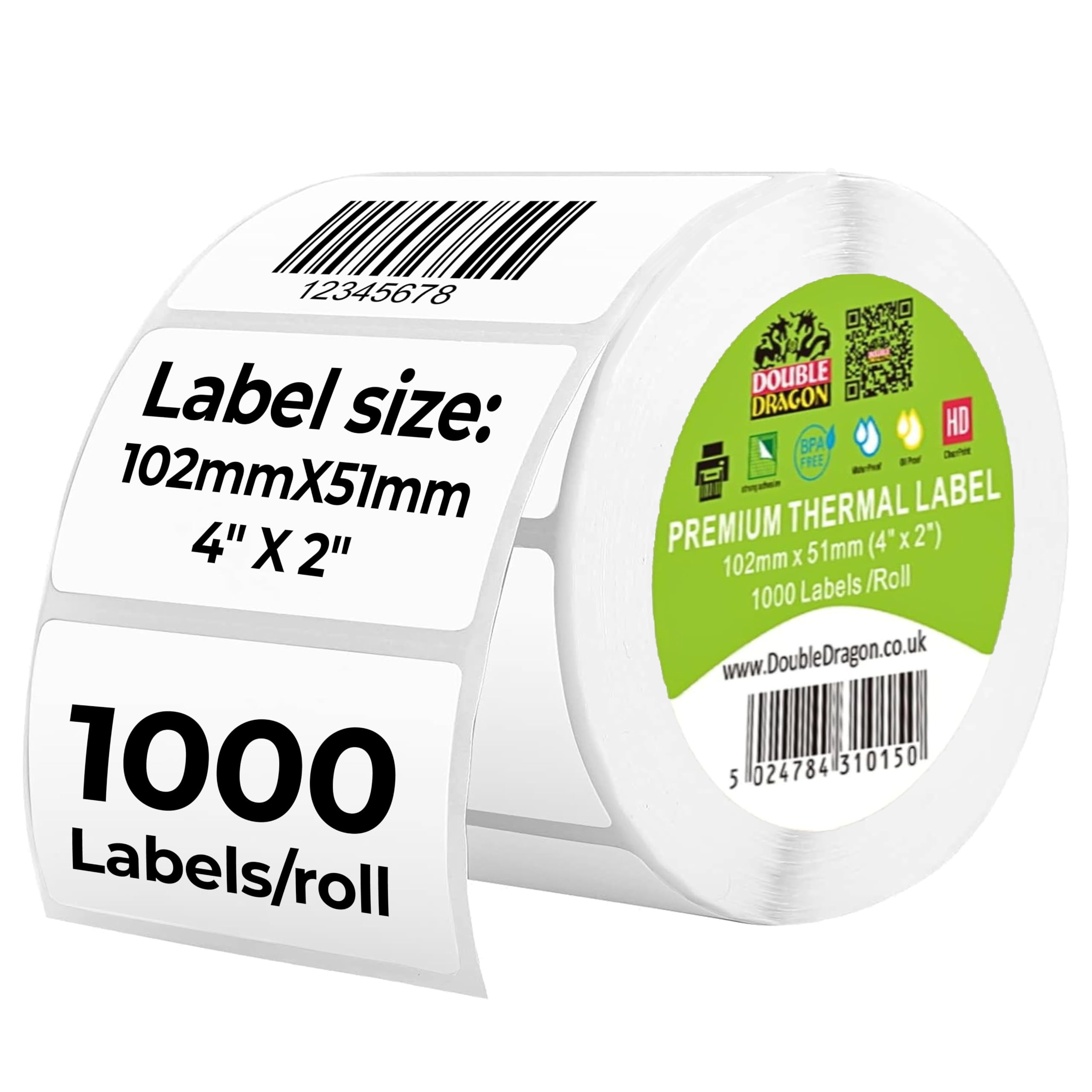 Double Dragon Direct Thermal Printer Labels - 101mm x 50.4mm | 1,000 Labels/Roll | Waterproof & Oilproof 1