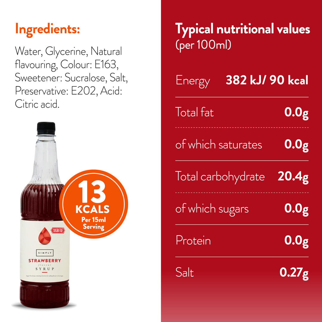 Simply Sugar Free Strawberry Syrup 1 Litre - Low Calorie Beverage Syrup for Drinks & Baking