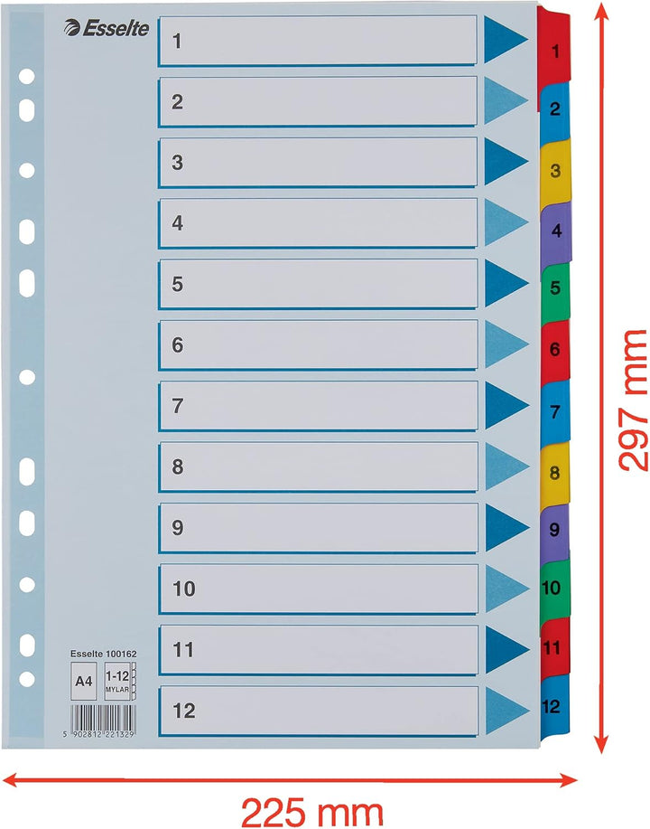 Esselte 100162 A4 1-12 Index Dividers, Heavy Duty Cardboard with Mylar Reinforced Tabs, Multicoloured