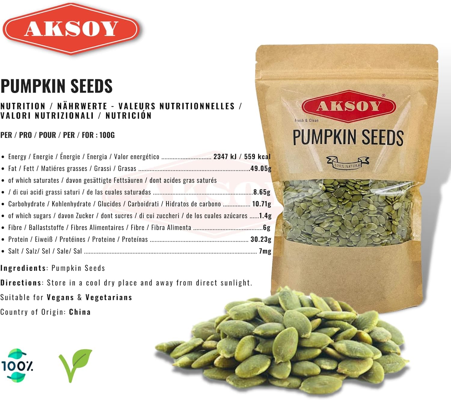 AKSOY Raw Pumpkin Seeds - 1300g | GMO-Free, Vegan, High Protein & Fiber 4