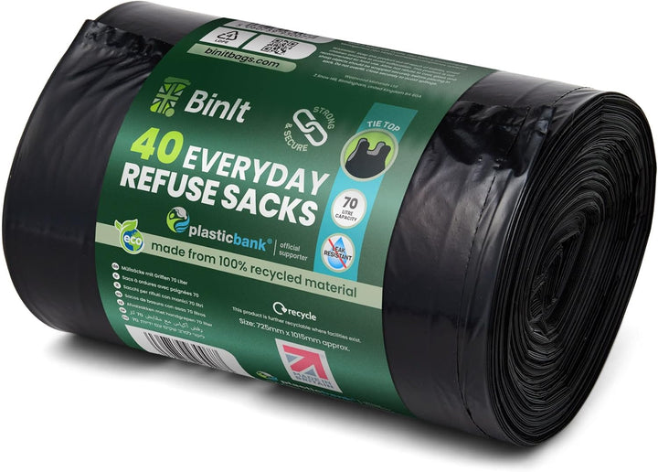 BIN IT 70L Tie Top Bin Liners, 100% Recycled Leak-Resistant Refuse Sacks for Home, Office & Garden