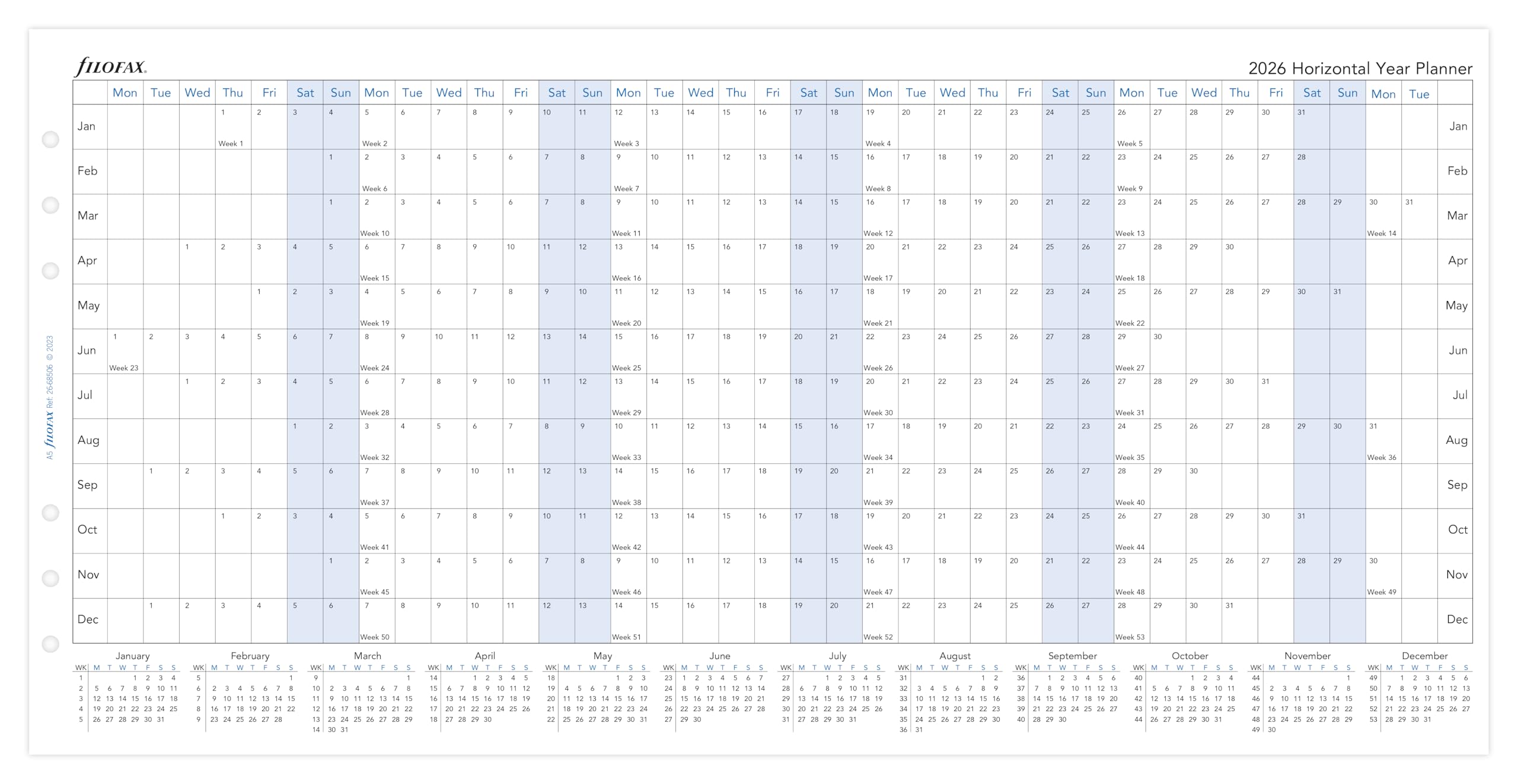 Filofax A5 2026 Horizontal Year Planner Refill | 100gsm Fountain Pen Friendly Paper | 148mm x 210mm 4