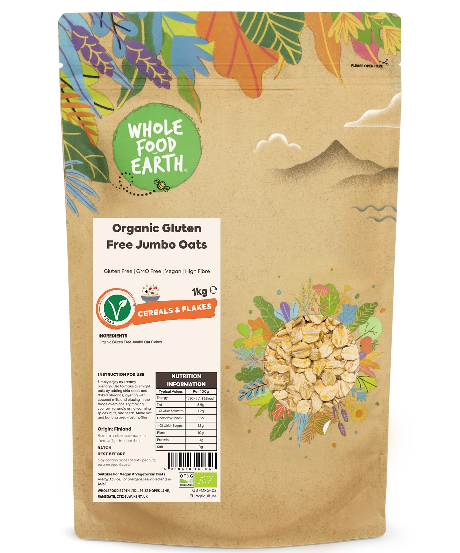 Wholefood Earth Organic Gluten Free Jumbo Oats - 1 kg | GMO Free | Vegan 1