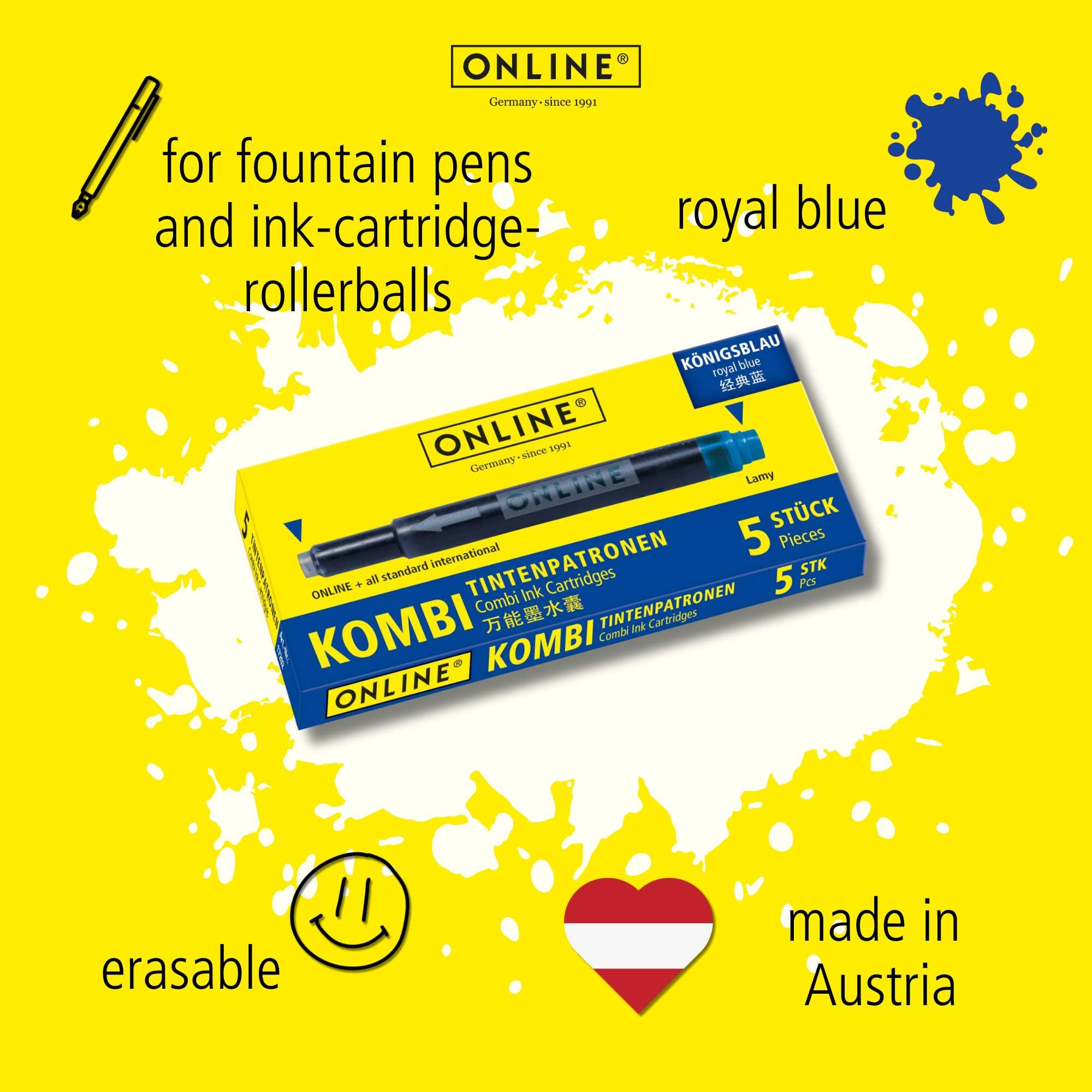 Online Universal Double-Sided Fountain Pen Refills - 5 Pack Royal Blue Ink | Erasable & Washable 3