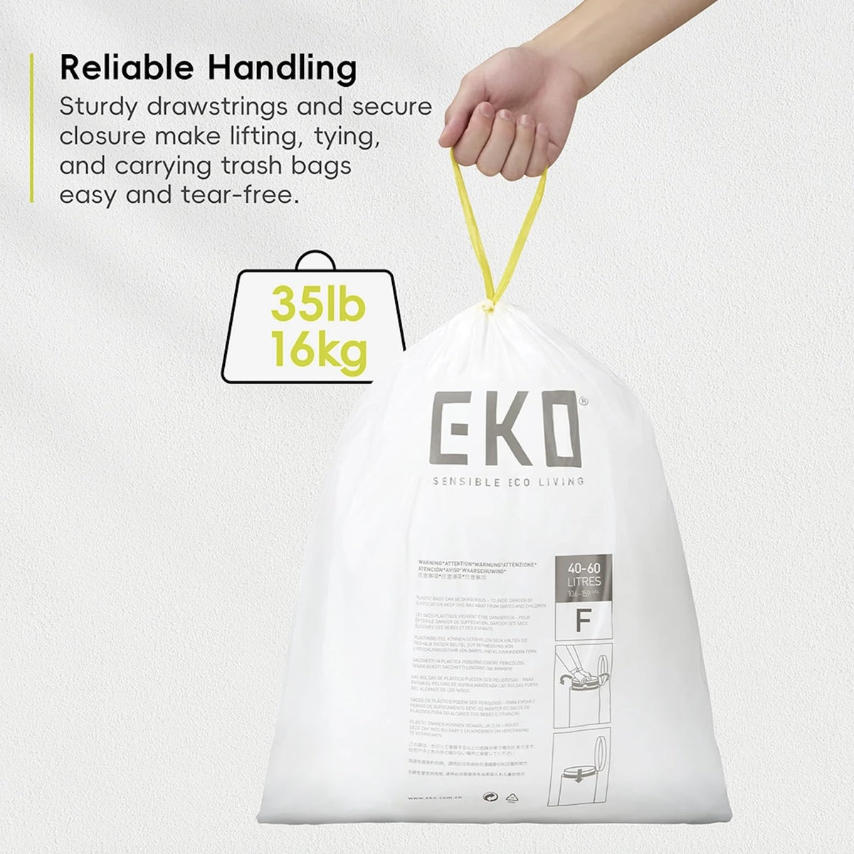 EKO Bin Liners, Drawstring Kitchen Bin Bags - 40–60 Litre, 24 Count, Size F