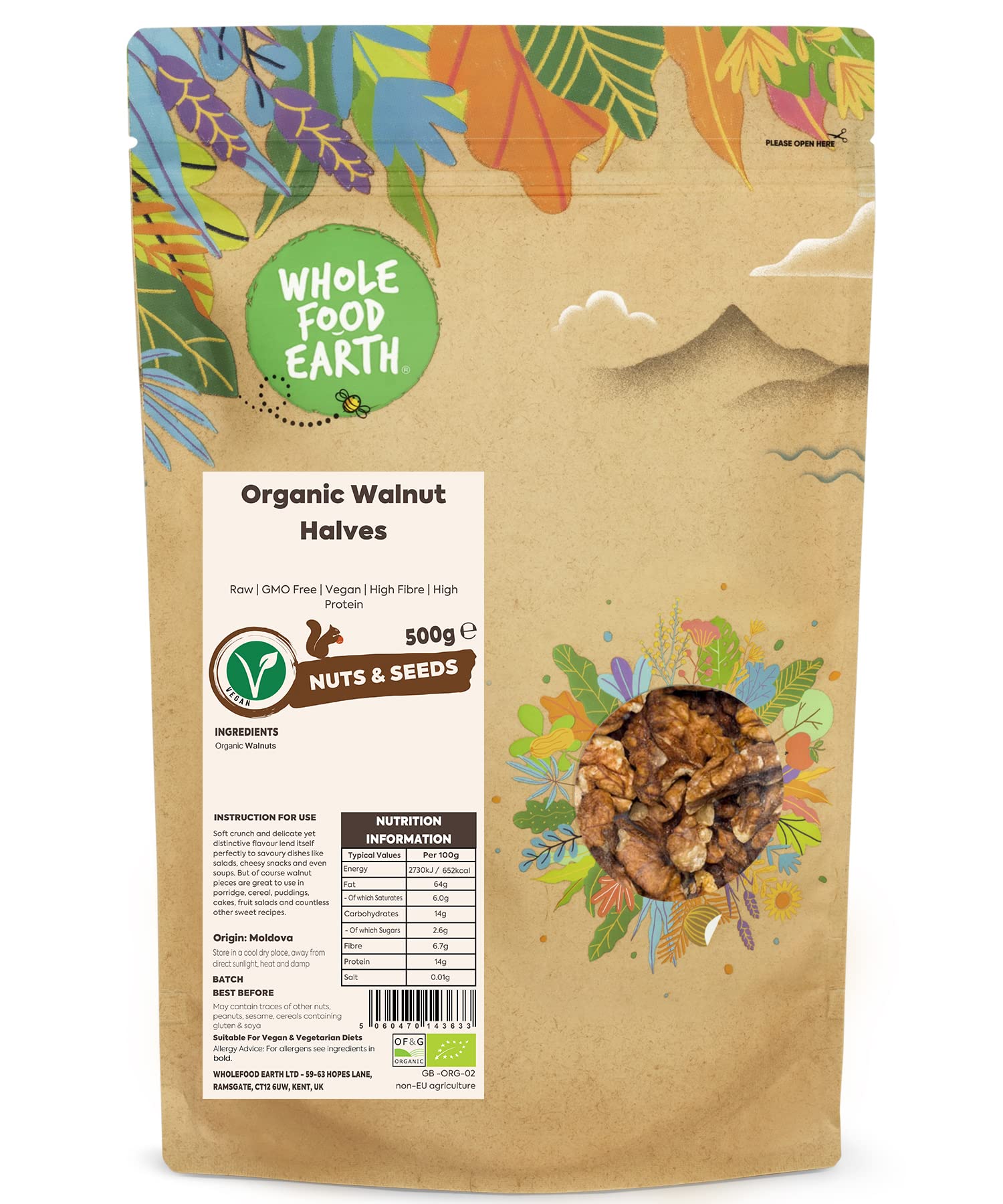 Wholefood Earth Organic Walnut Halves - Raw, GMO Free, Vegan | 500g