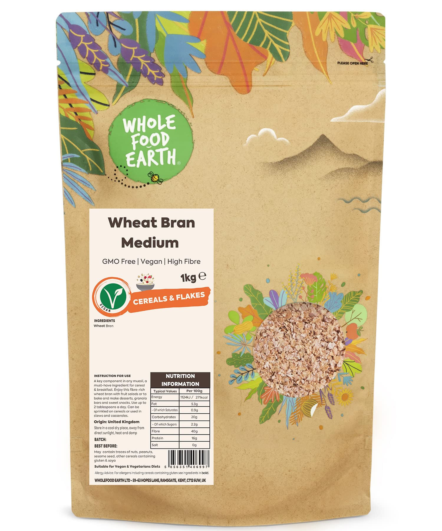 Wholefood Earth Wheat Bran Medium - 1kg - High Fibre, Vegan & Non-GMO 1