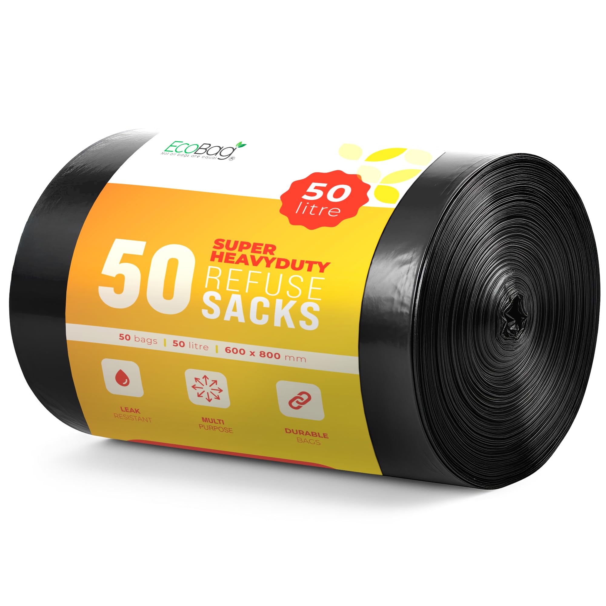 EcoBag Super Strong Heavy Duty Refuse Sacks - 50L Capacity, 50 Pack | Leak Resistant, Recyclable 1