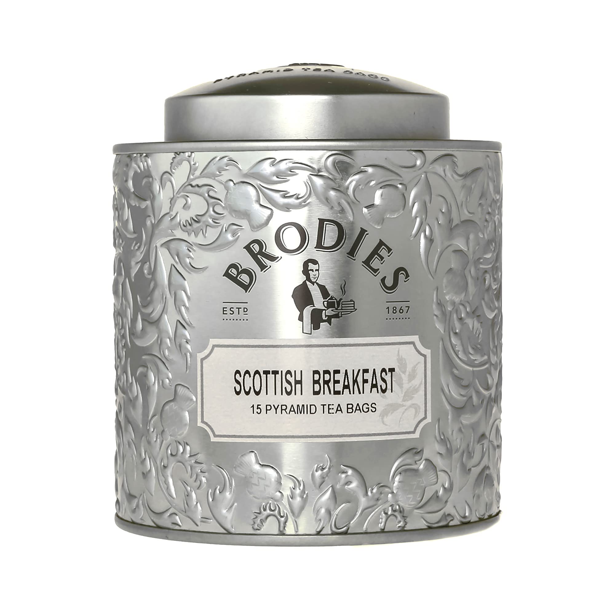 Brodies Scottish Breakfast Tea - 15 Pyramid Tea Bags in Reusable Silver Gift Tin 1