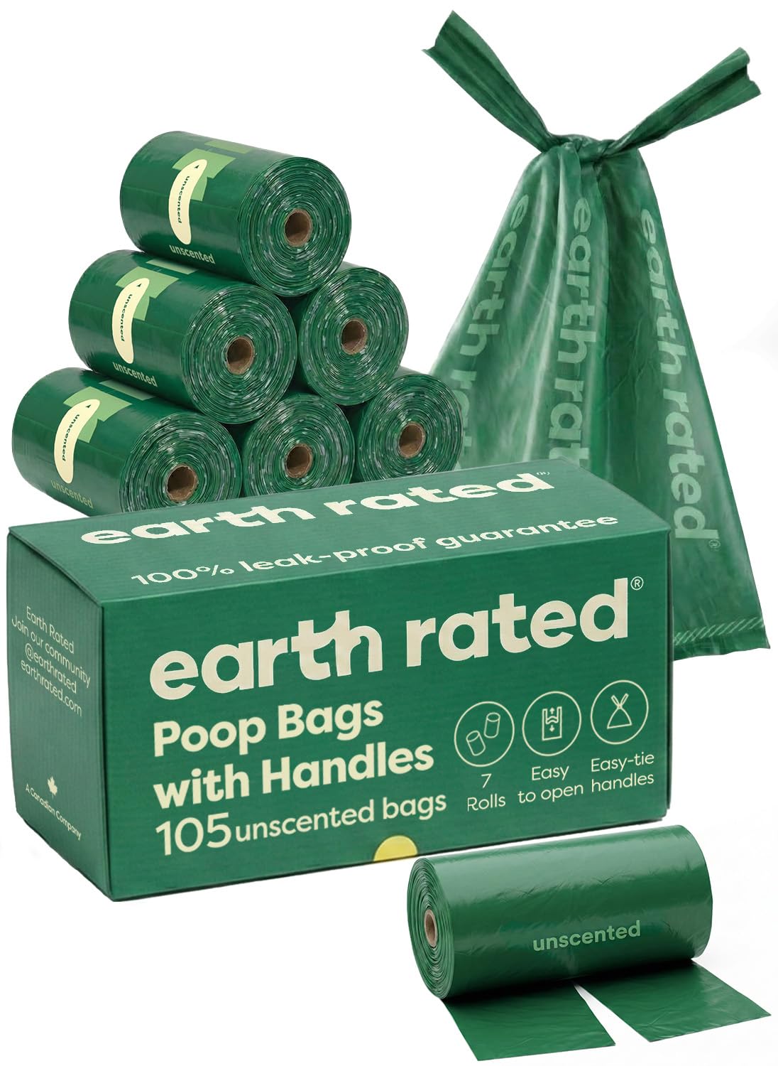Earth Rated Dog Poop Bags with Tie Handles - 105 Count, Unscented, Green, Recycled Materials