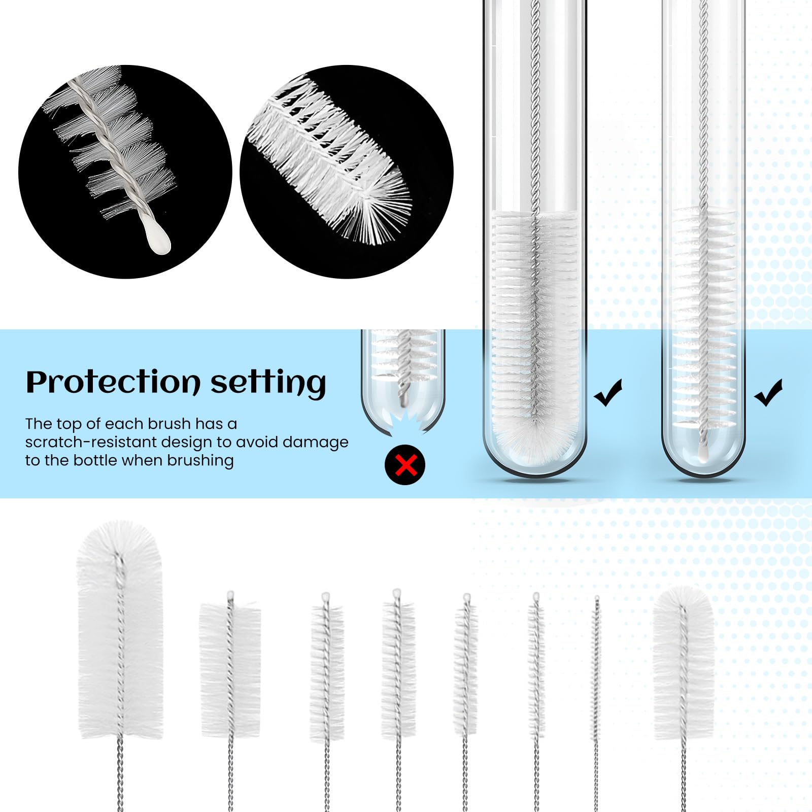 Admygo 8-Piece Small Bottle Brush Set - Nylon Bristles, Flexible Wire, Multipurpose Cleaning 3