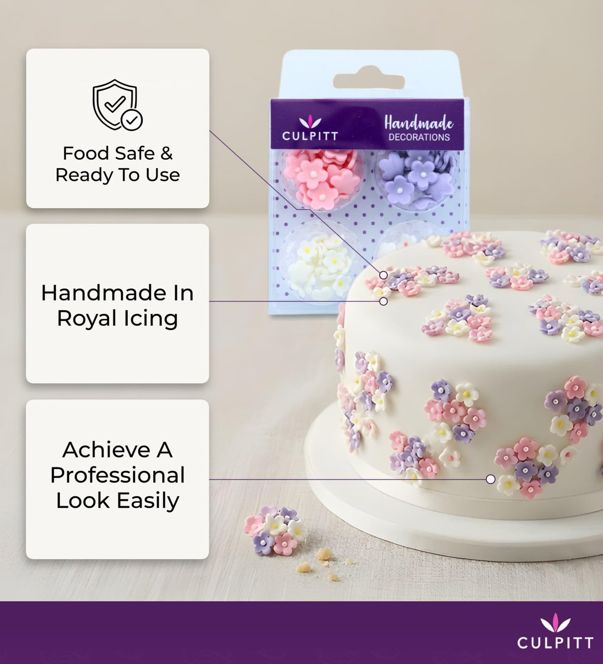 Culpitt Mini Flowers Assorted Sugar Pipings - 100, 6mm & 10mm, Purple & Pink