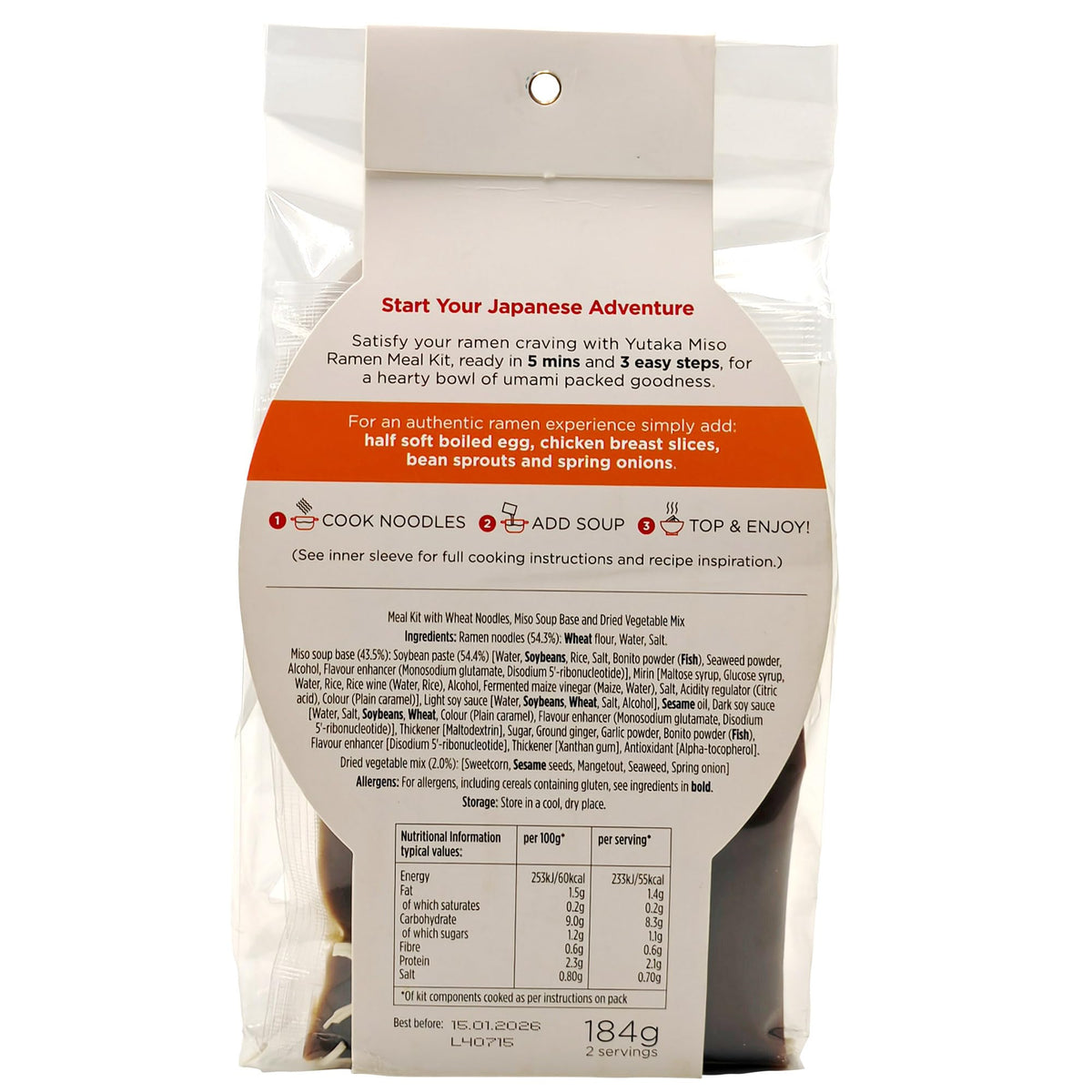 Yutaka Miso Ramen Meal Kit - 184g | Authentic Japanese Flavor | Ready in 5 Minutes