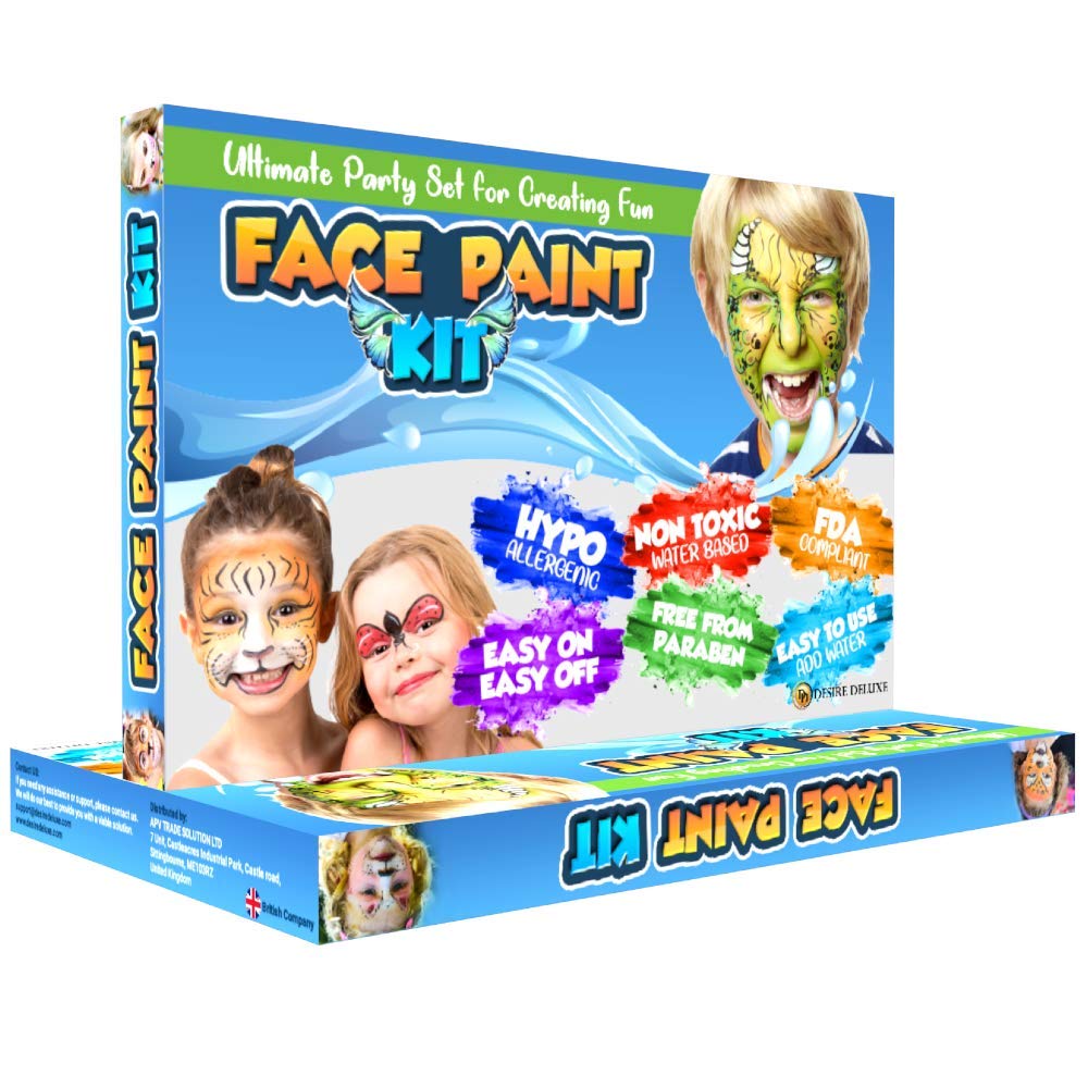 Desire Deluxe Face Paints - 64 Piece Kit with 14 Colors, Glitter, Brushes & Stencils | Kids & Adults 6