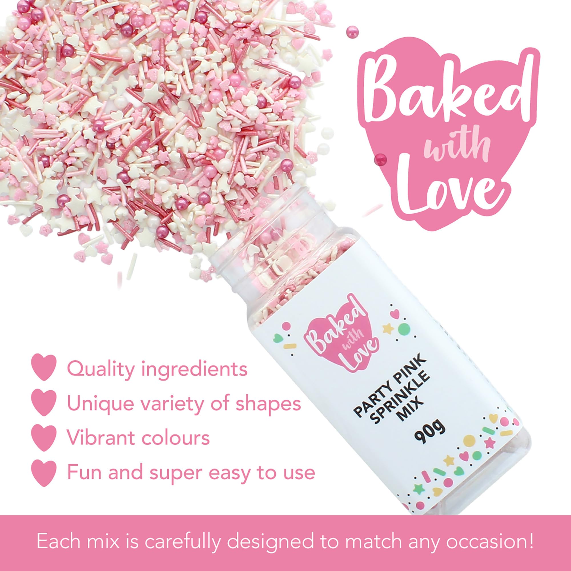 Baked with Love Pink Sprinkles - Pink & White Sugar Mix | 90g Resealable Bottle