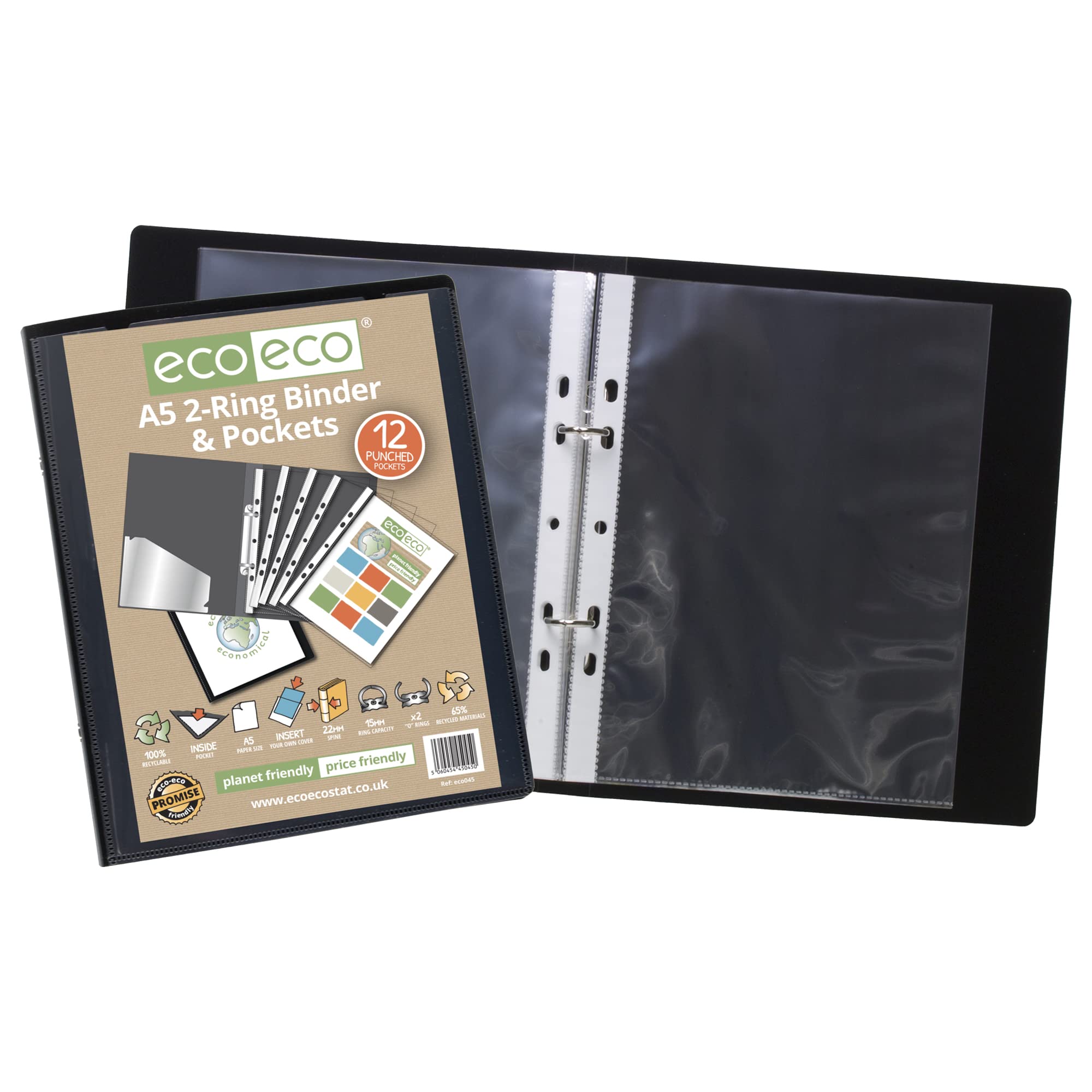 eco-eco A5 65% Recycled Presentation Ring Binder with 12 Pockets - Black, 15mm Capacity 4