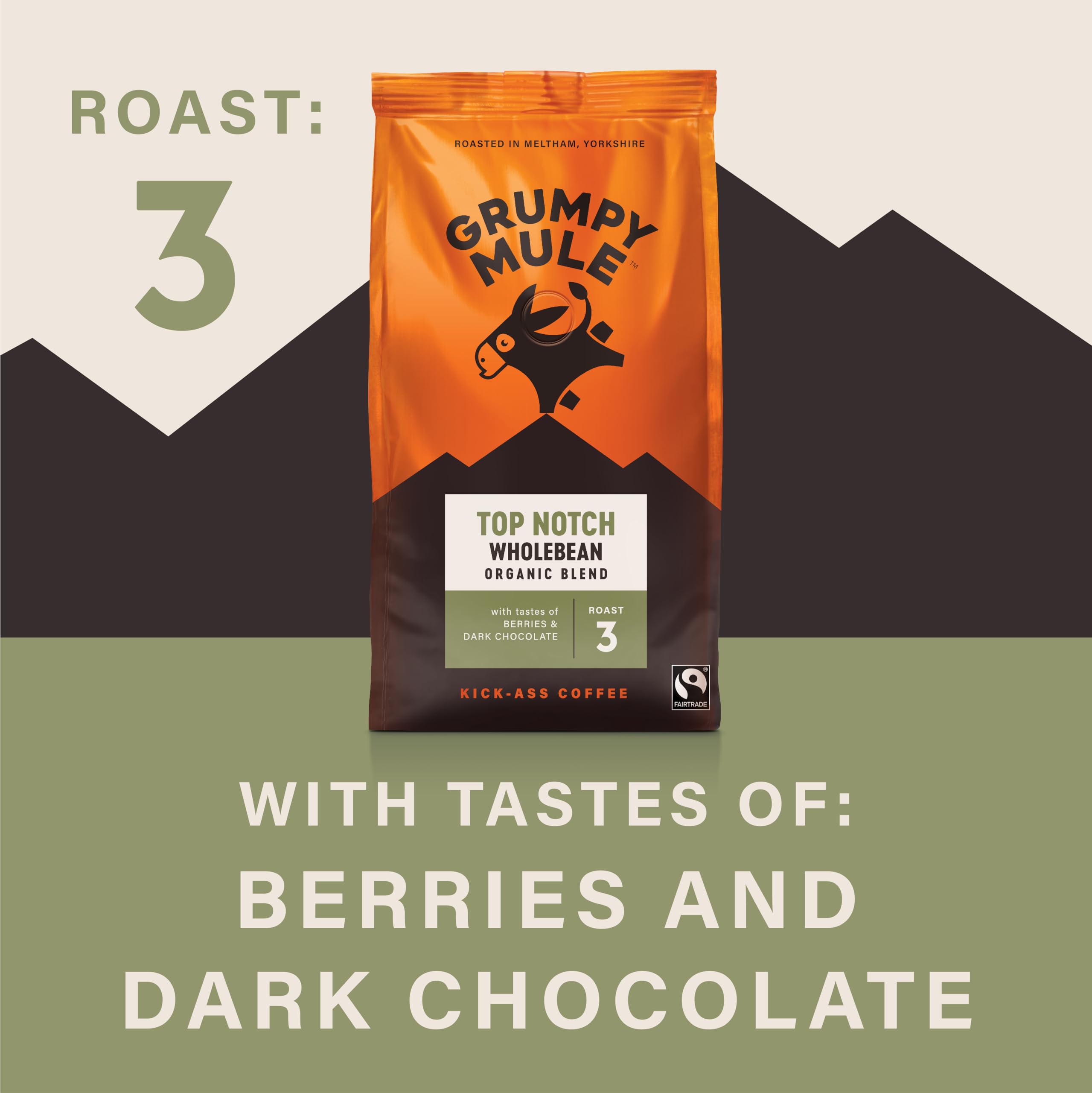Grumpy Mule Top Notch Organic Blend Whole Coffee Beans - Roast Level 3 | Fairtrade & Organic Certified | 227g