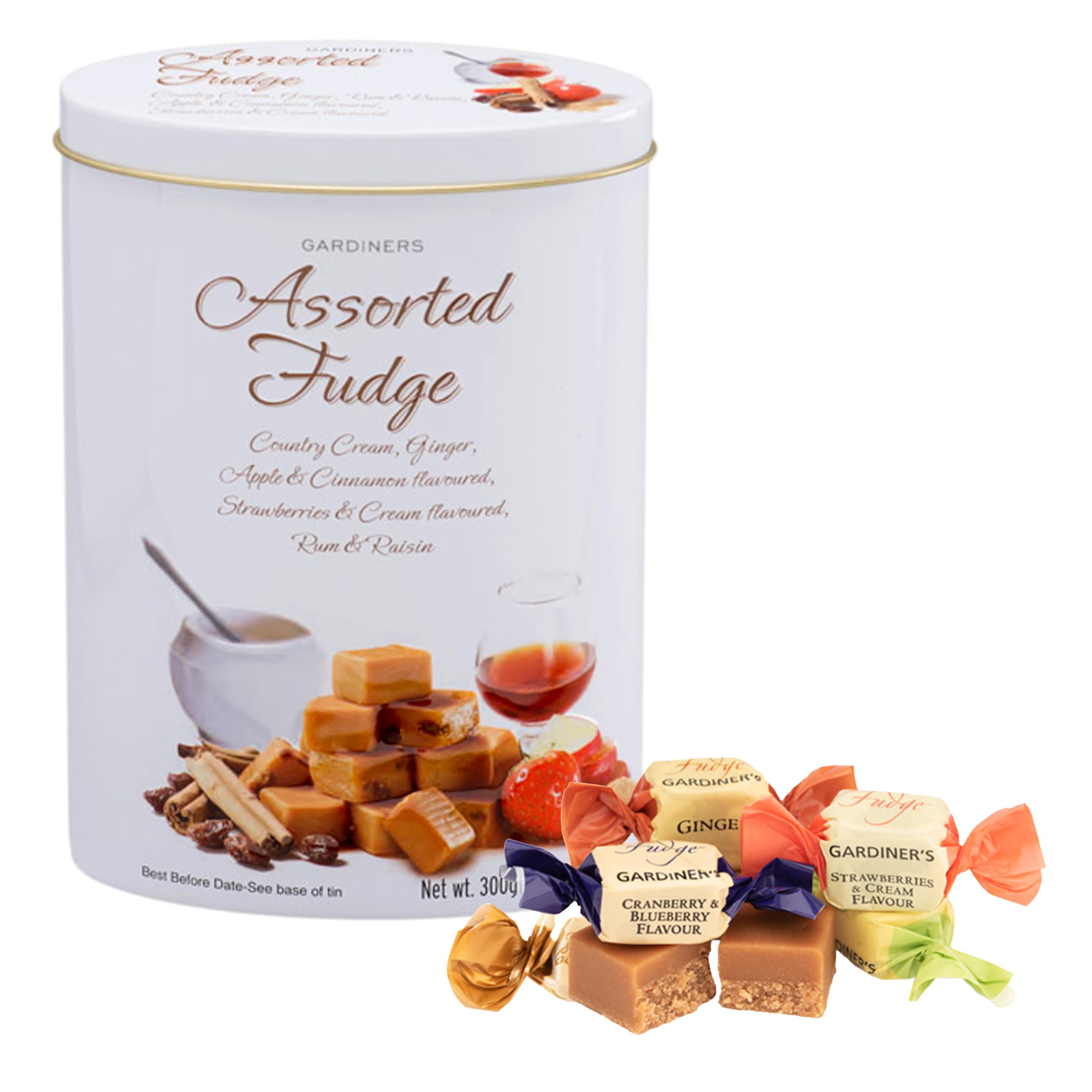 Gardiners of Scotland Luxury Assorted Fudge Tin 300g - Clotted Cream, Ginger, Apple & Cinnamon, Strawberry & Cream, Rum & Raisin 1
