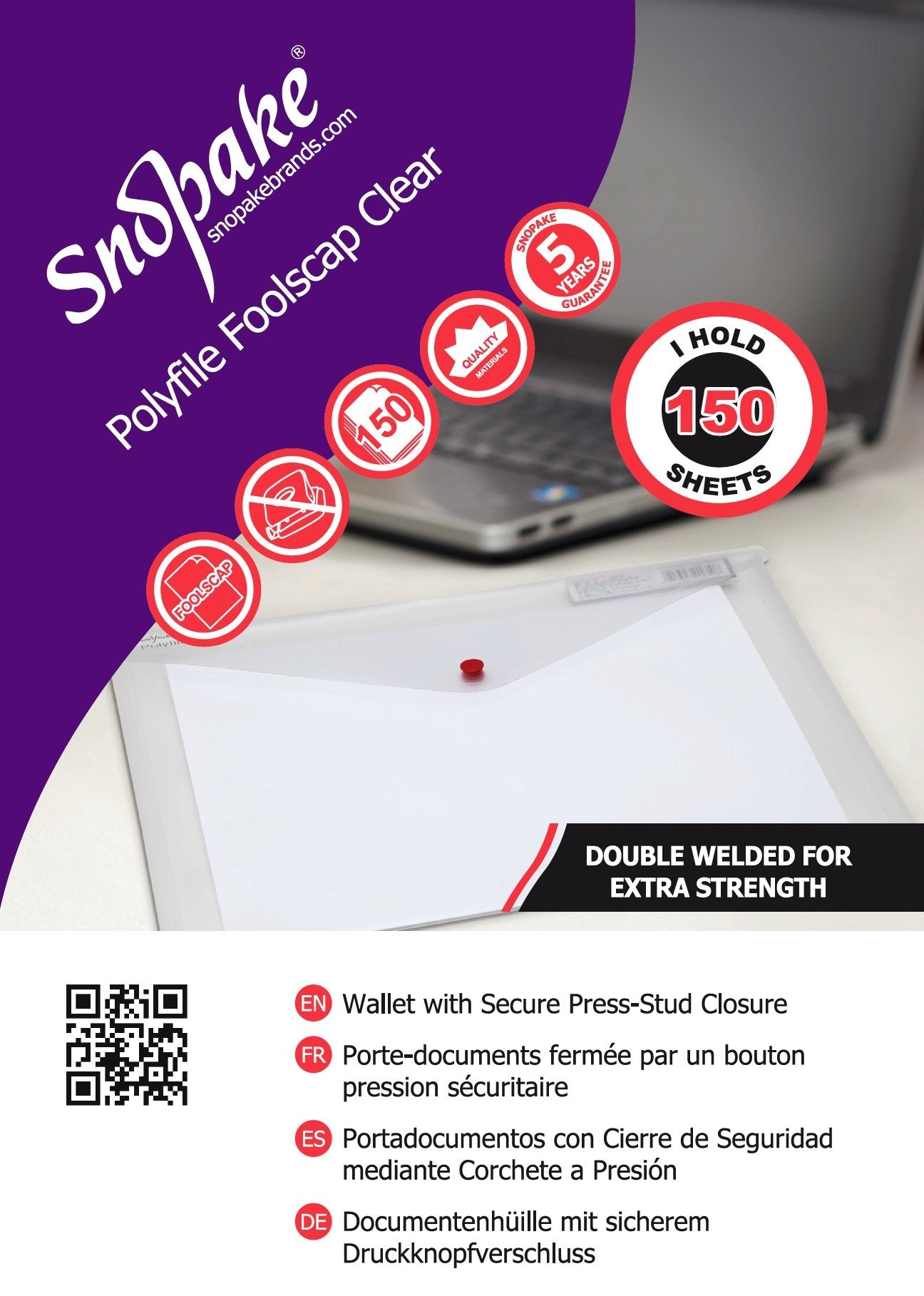 Snopake Foolscap Clear Polyfile Popper Wallet with Index Tab and Press Stud Closure (Pack of 5) 3