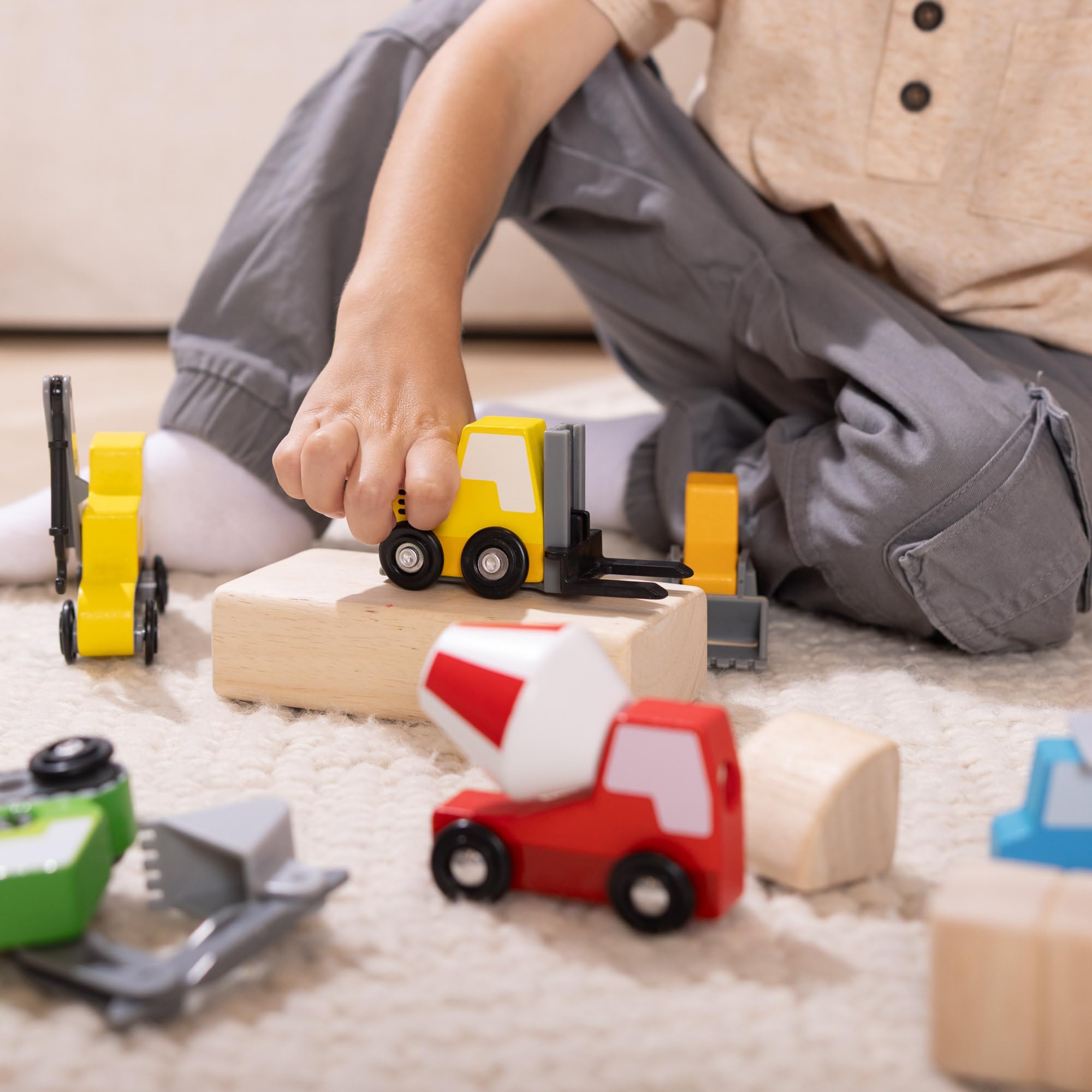 Melissa & Doug Wooden Construction Site Vehicles Playset - 7 Piece Set | Moving Parts | Ages 3-6 6