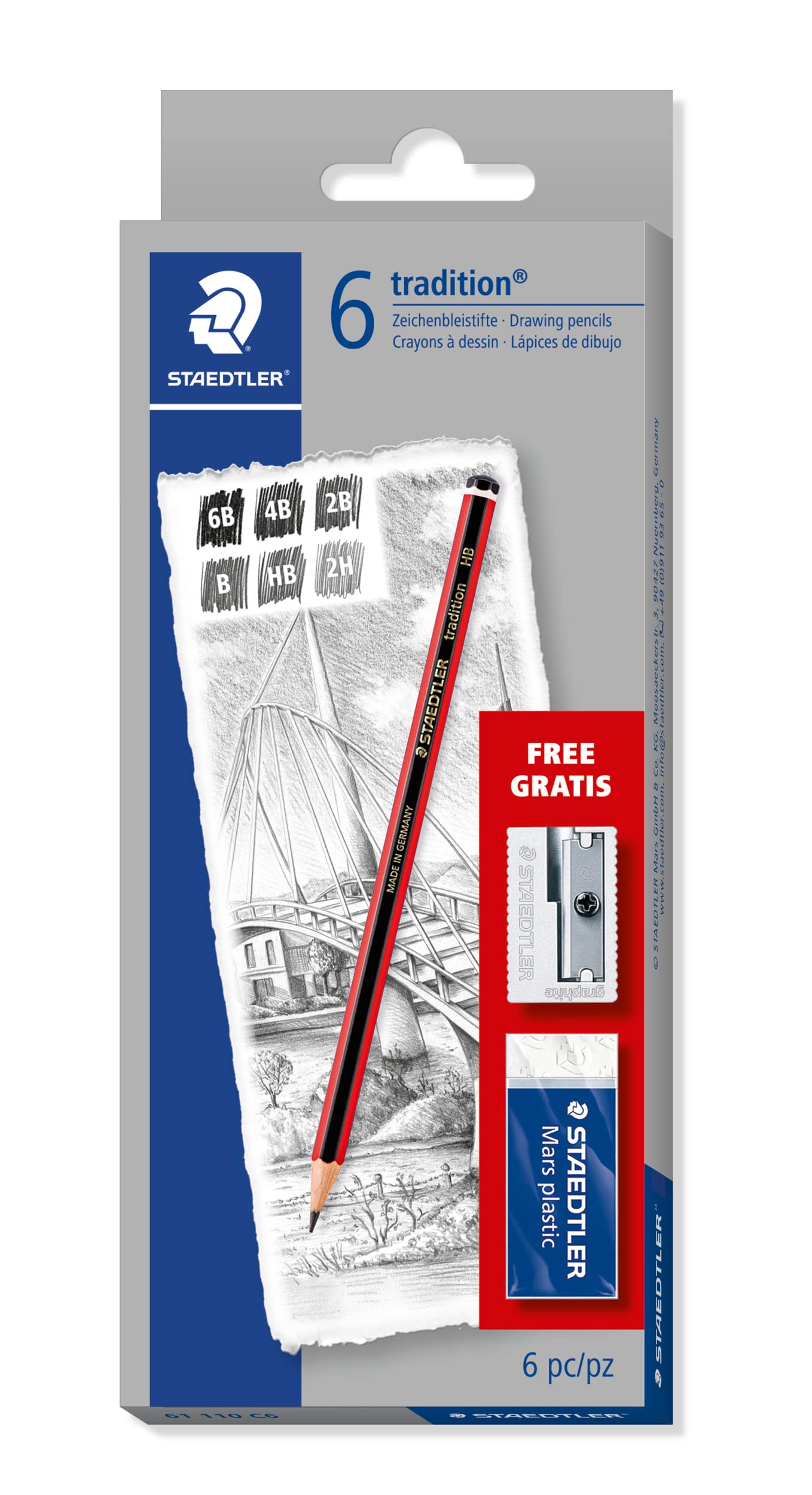 STAEDTLER Tradition Sketching Pencil (61 110C6) - 2B Hardness, Erasable, Black | Pack of 6